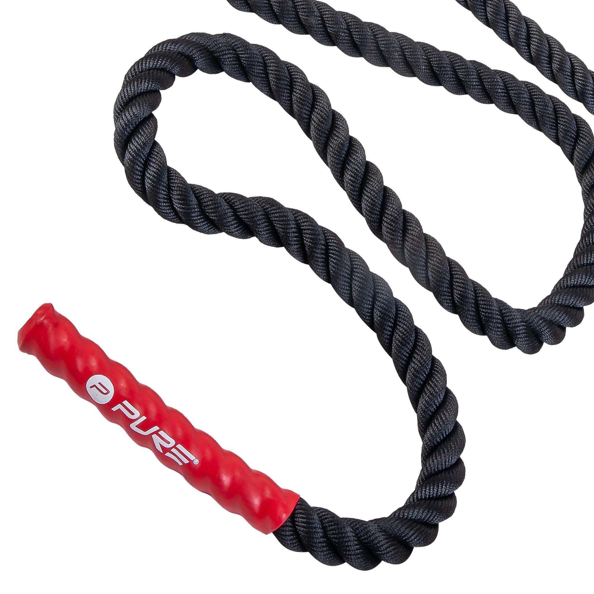 Zwart trainings touw met een rood handvat.