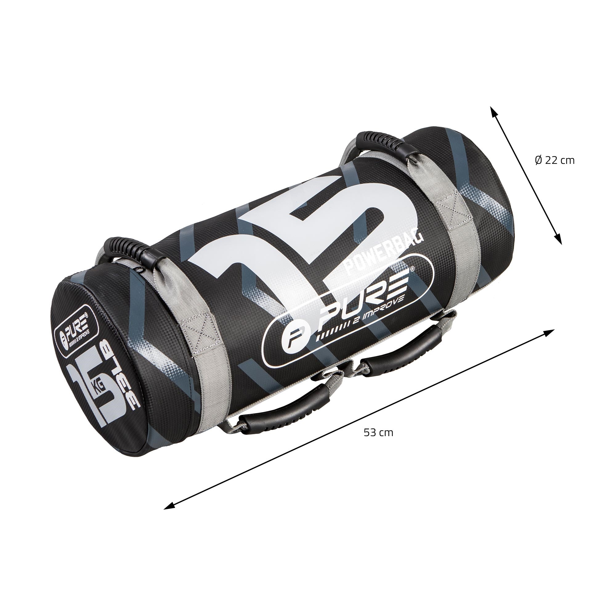 Černý powerbag se šedými rukojeťmi a rozměry.