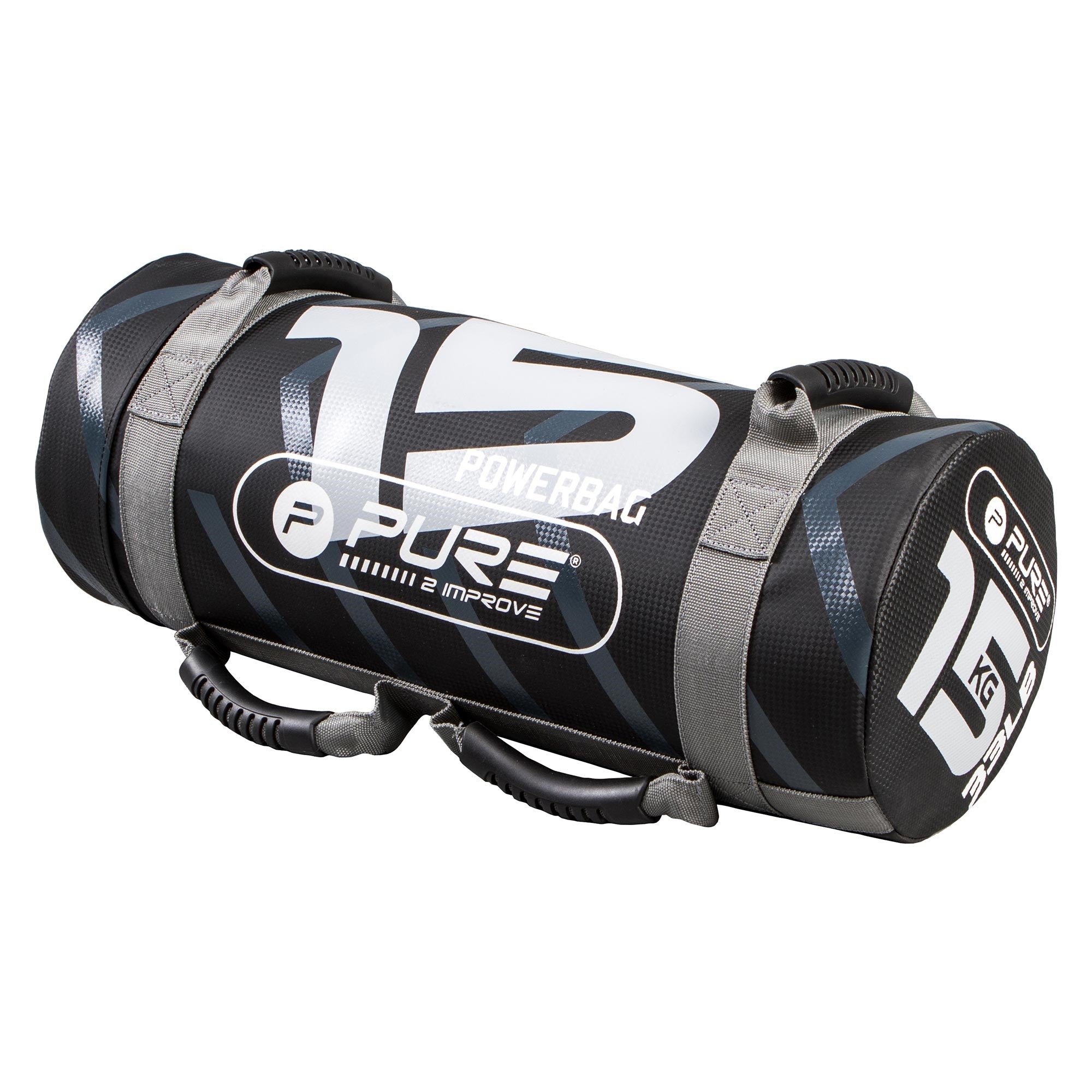 Černý powerbag s 15 kg, s nosnými rukojeťmi, na bílém pozadí.