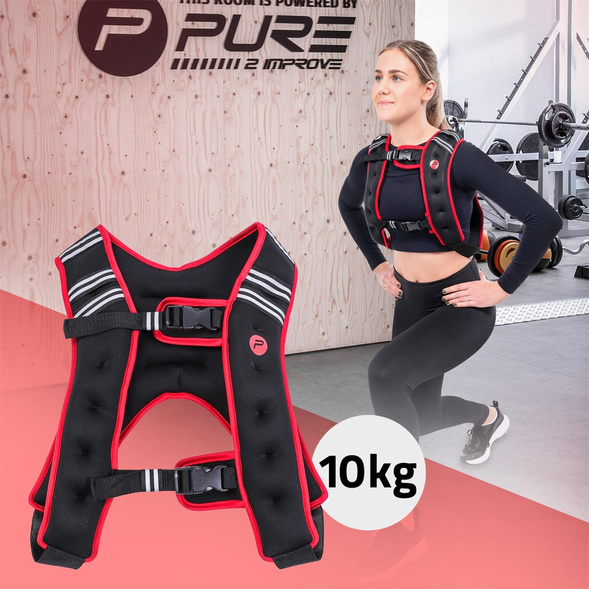Colete de fitness com peso de 10 kg, preto com detalhes vermelhos.