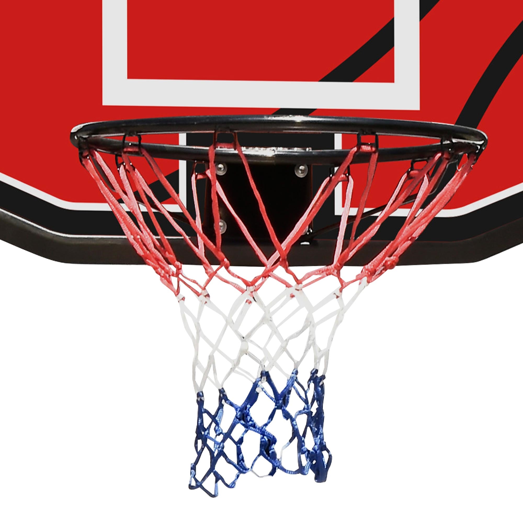 Basketballkurv med rød-hvid-blå net og sort ramme.