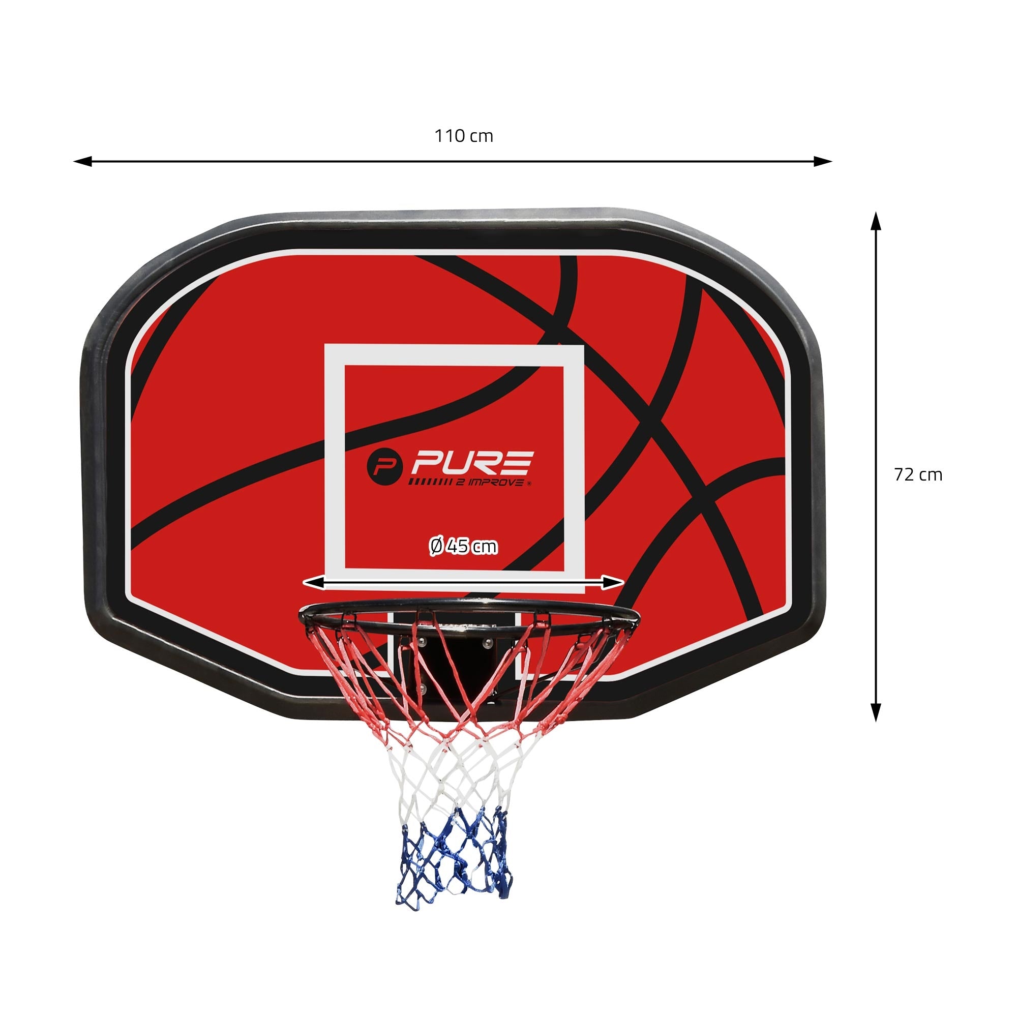 En basketballkurv med en rød bagplade og net, mål er angivet.