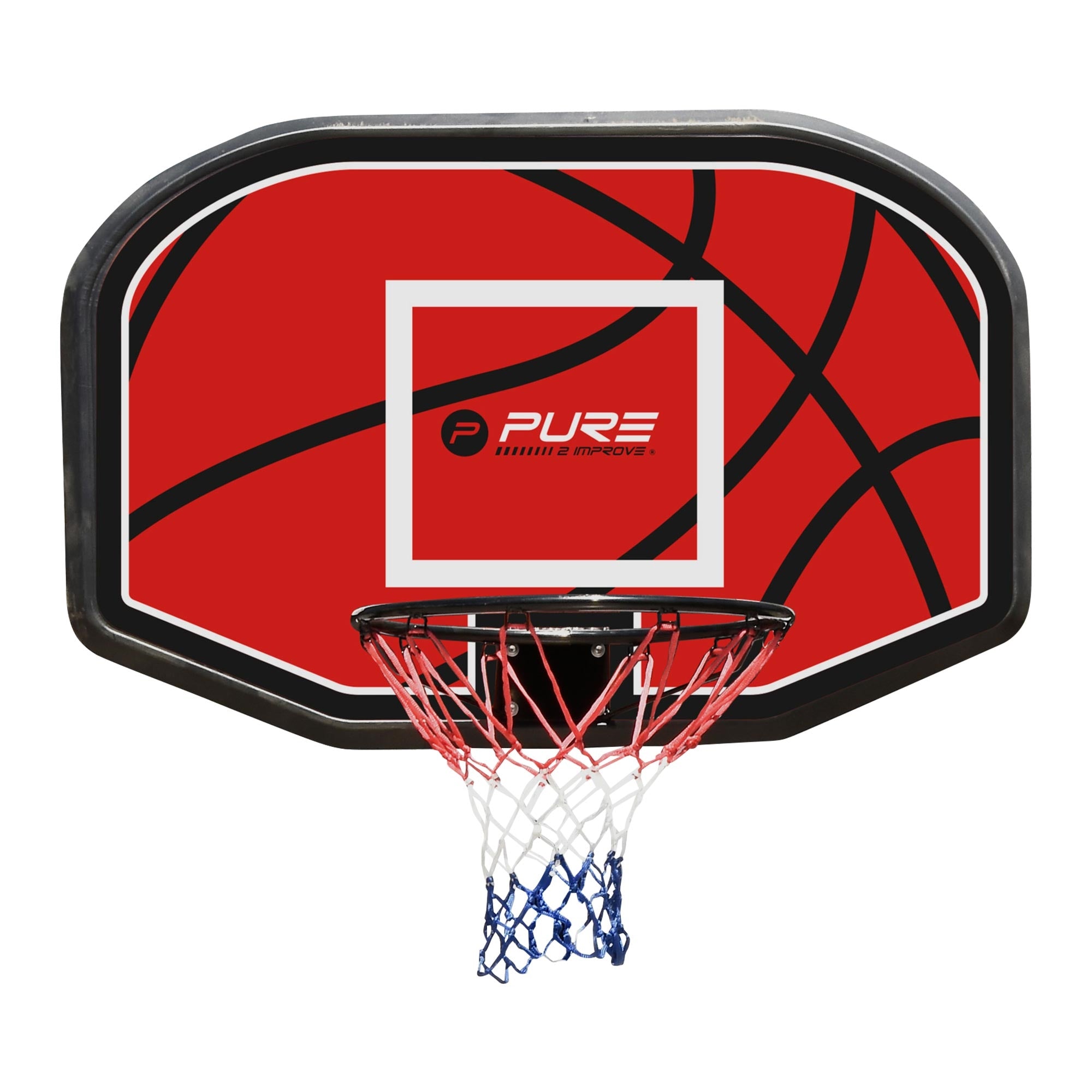 En basketballkurv med en rød baggrund og en hvid ramme.