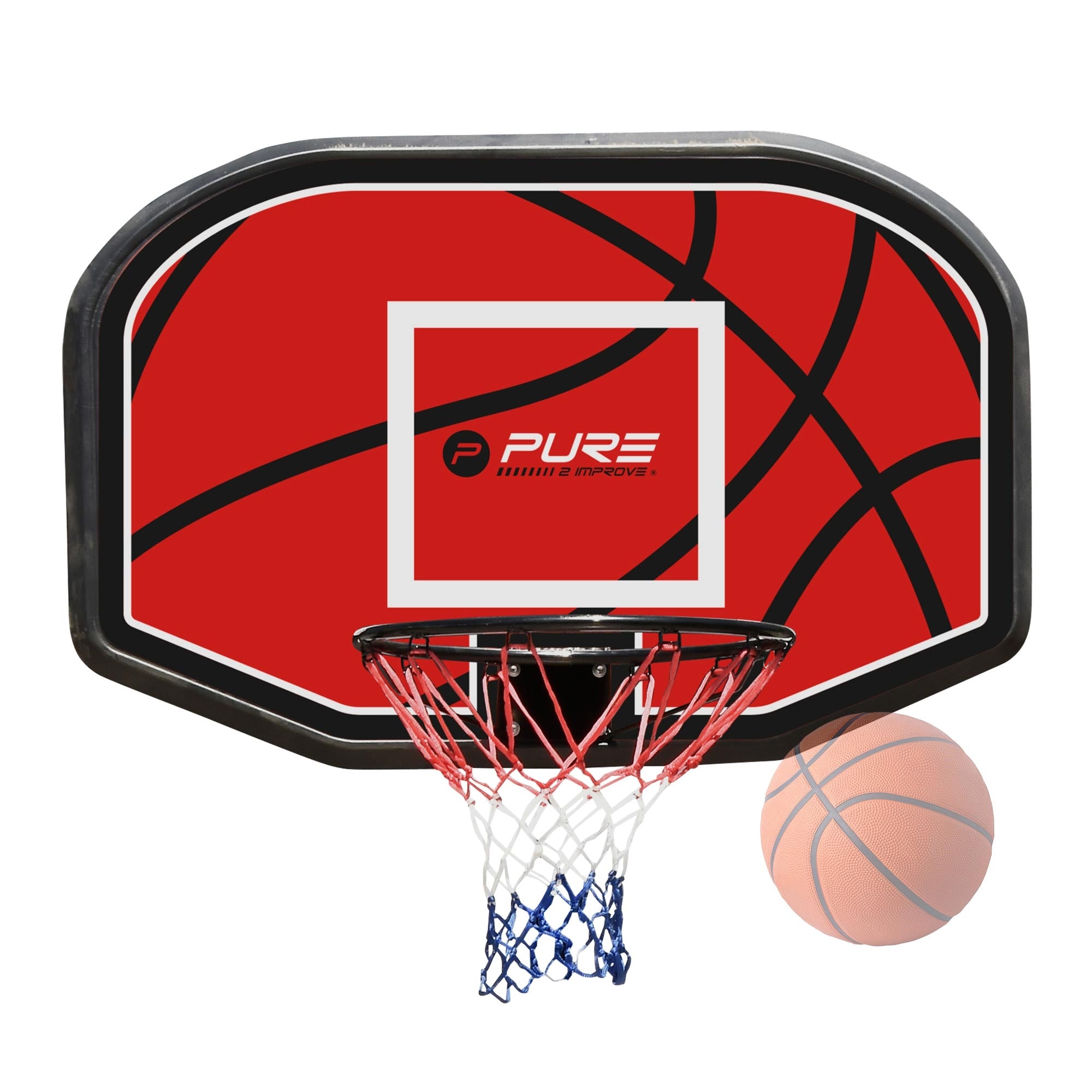 Basketballkurv med orange bold og sort ramme.