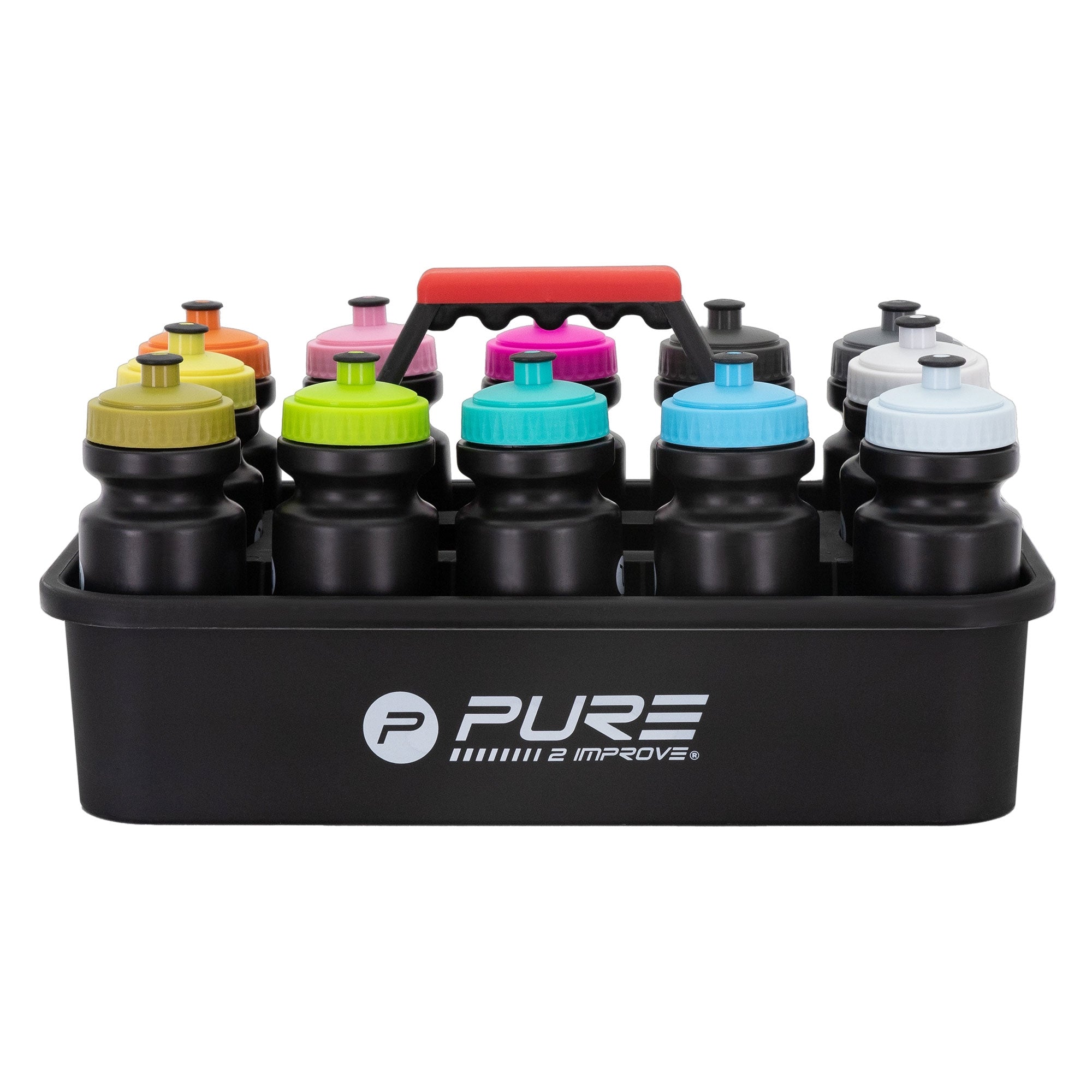 A carrying basket with several water bottles in various colors.