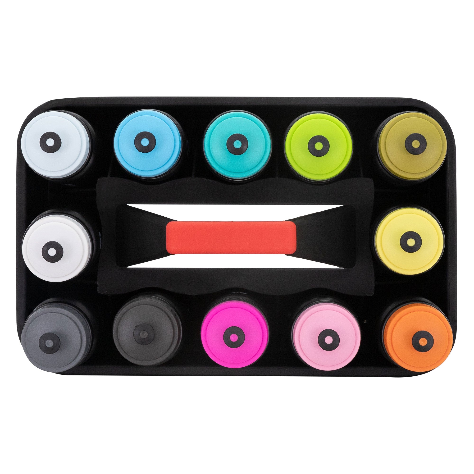 A black box with colorful bottles in various colors and a red handle.