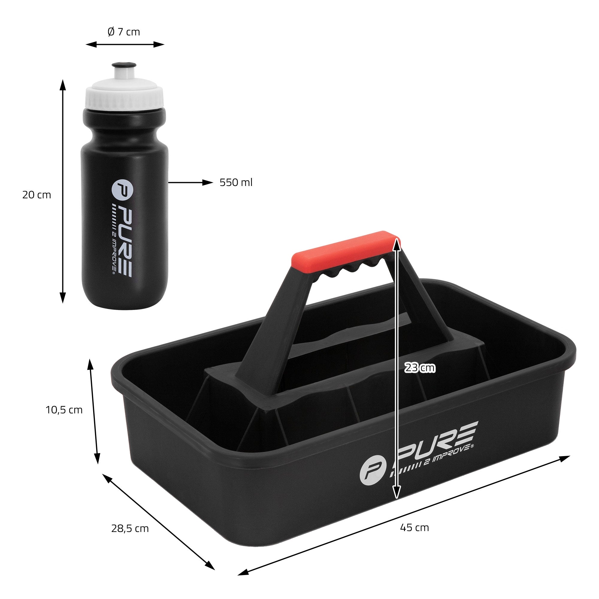 Black carrying box with water bottle, measurements and volume are provided.