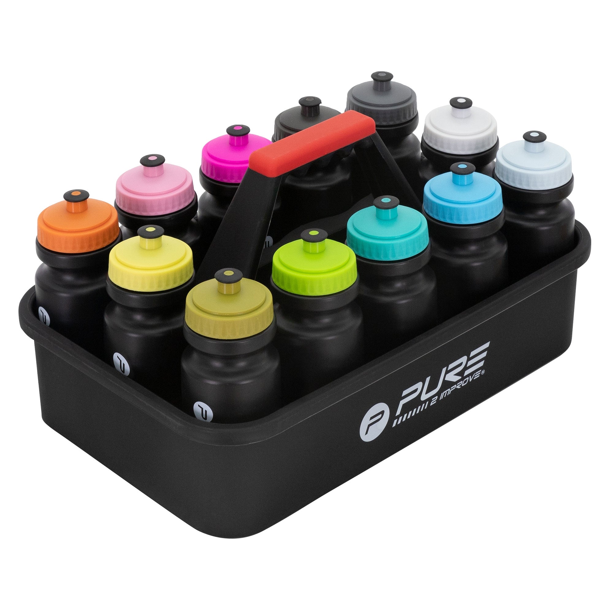 A black carrying frame with colorful water bottles in various colors.