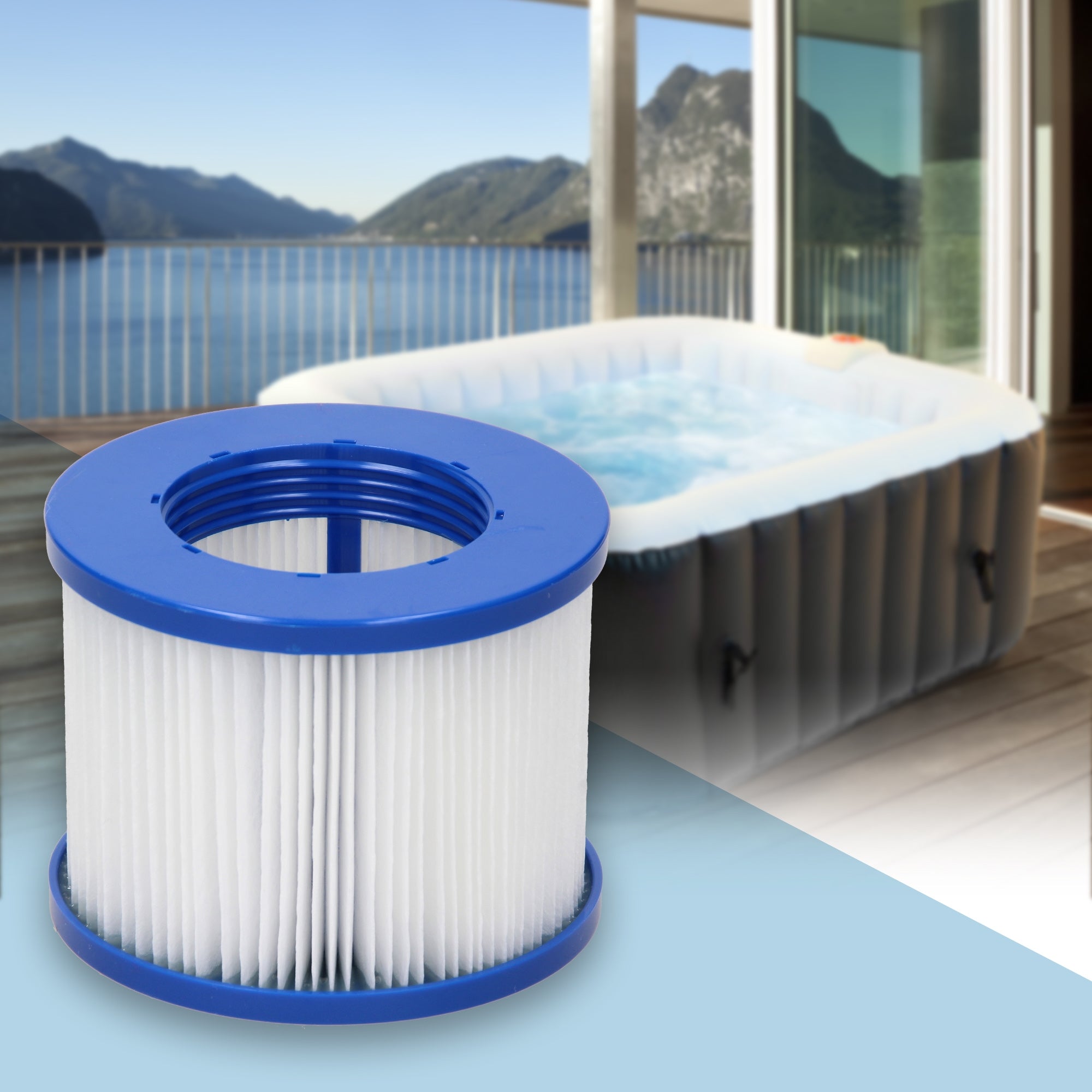 Filter for an inflatable hot tub in front of a mountain landscape.
