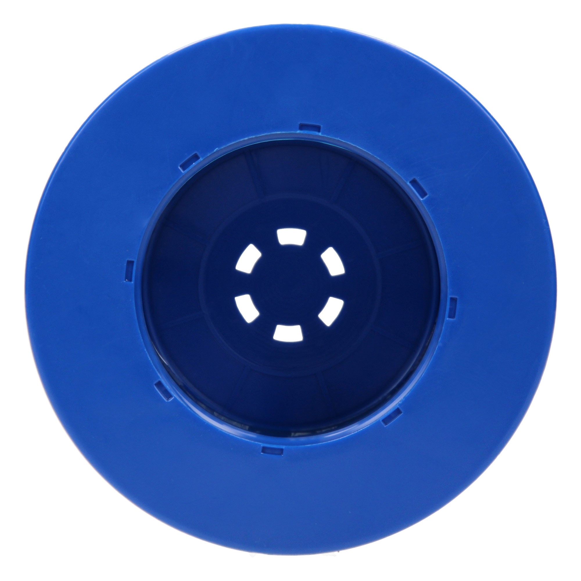 Top view of a blue filter with several holes in the center.