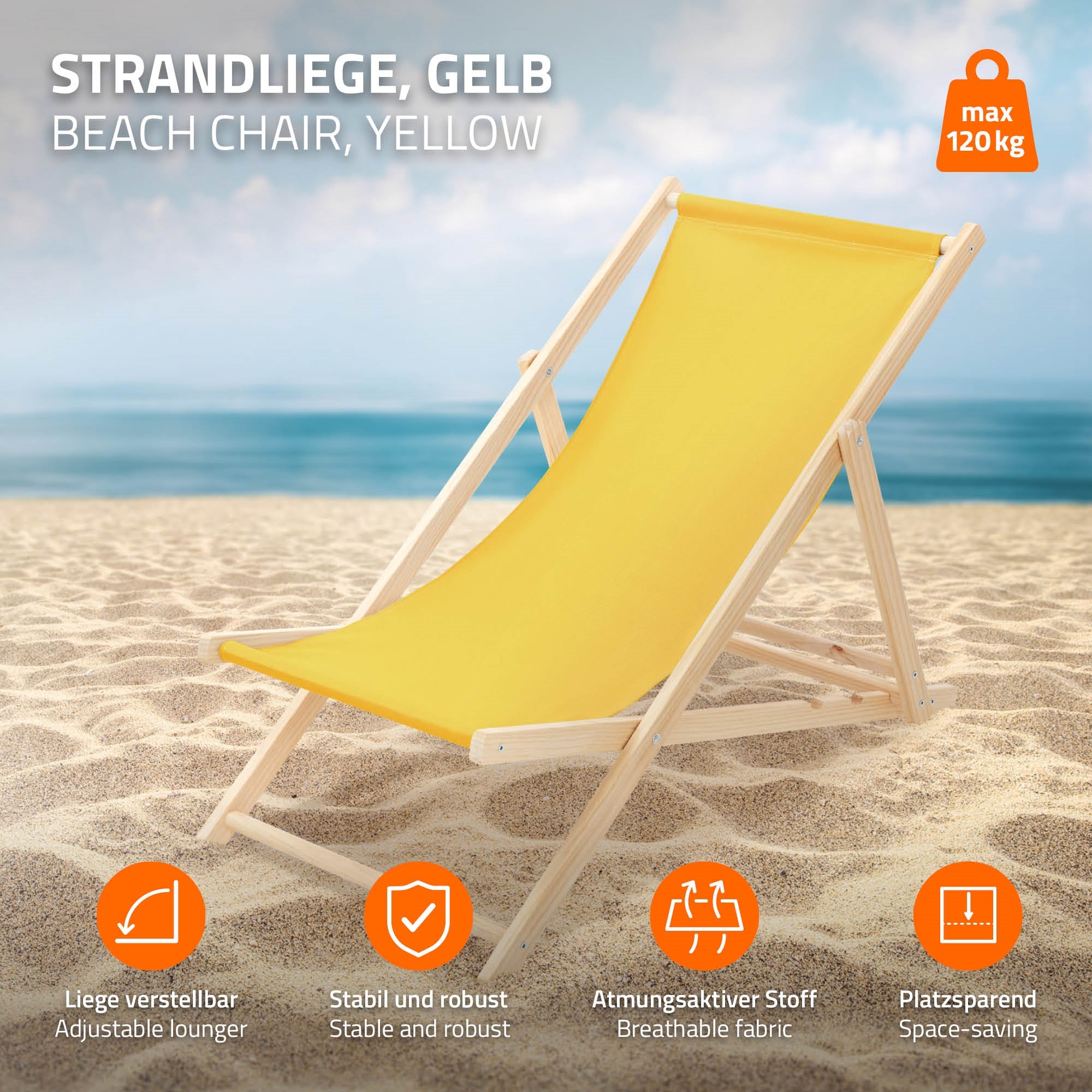 Sárga napozóágy a strandon, jellemzőkkel és használati útmutatóval.