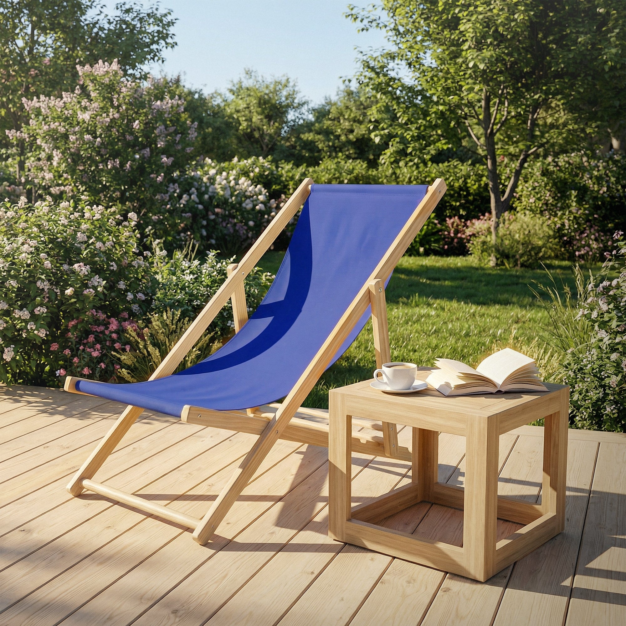 Liegestuhl mit blauer Bespannung und Tisch auf einer Holzterrasse umgeben von Blumen.