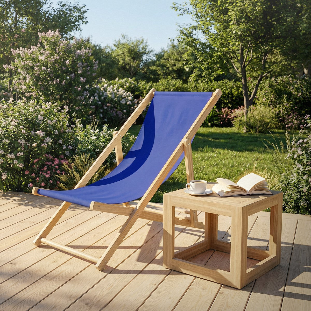 Liegestuhl mit blauer Bespannung und Tisch auf einer Holzterrasse umgeben von Blumen.