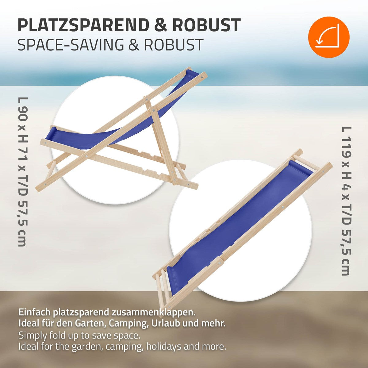 Zwei Liegen in blau und gelb, zusammenklappbar, mit Maßen und Anwendungshinweisen.