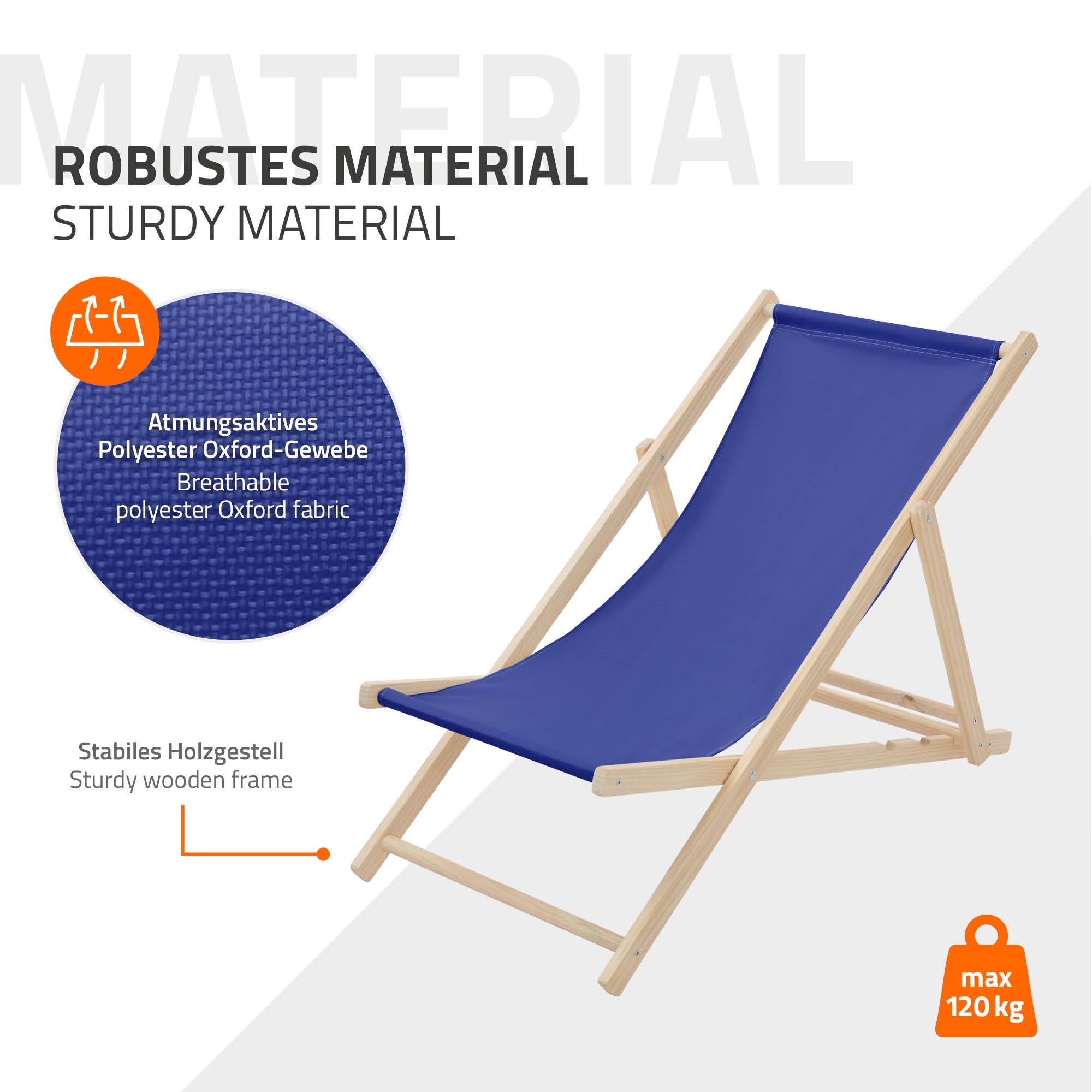 Blauer Liegestuhl aus atmungsaktivem Material mit Holzgestell.