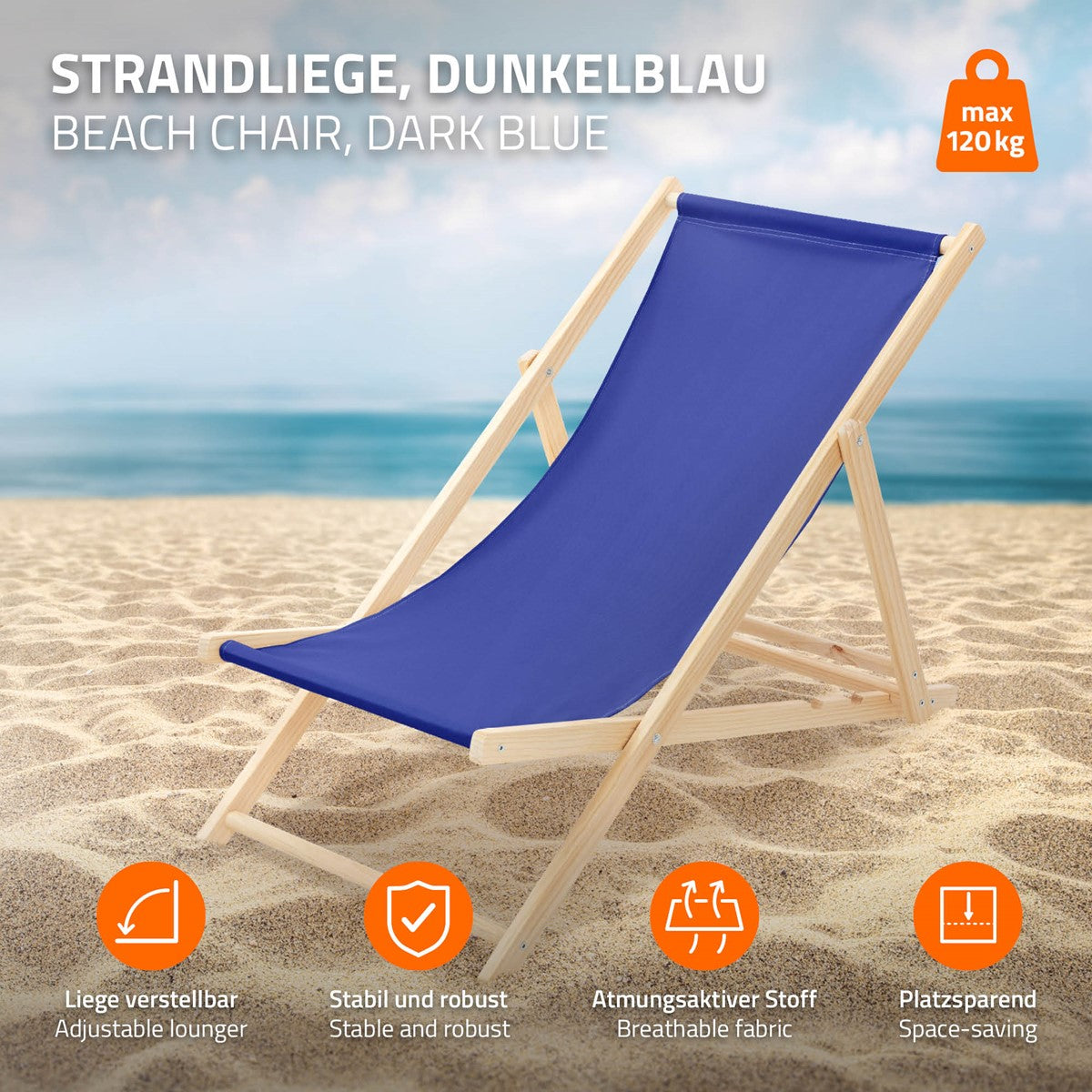 Blaue Strandliege am Strand mit Eigenschaften und Nutzungshinweisen.