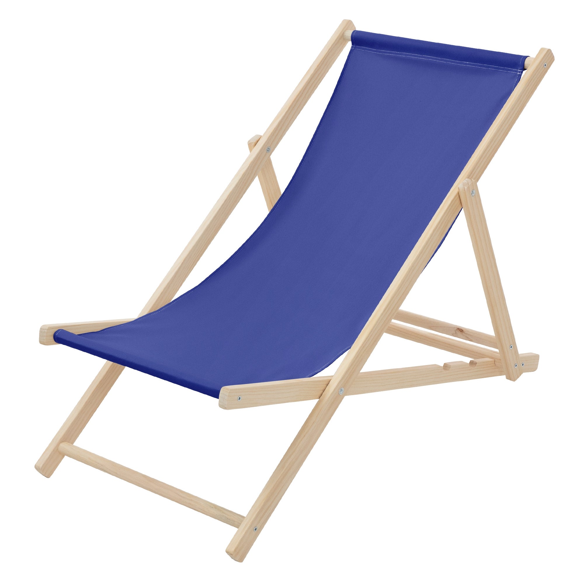 Blauer Liegestuhl mit Holzgestell auf weißem Hintergrund.