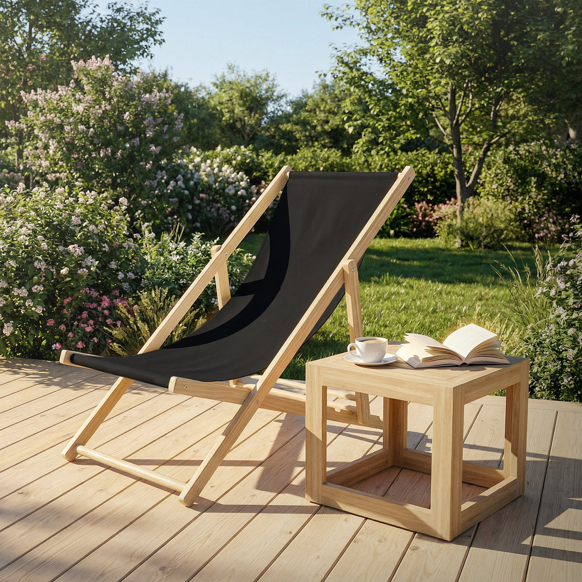 Liegestuhl auf Holzterrasse mit Blumen, Tisch, Tasse und Buch.