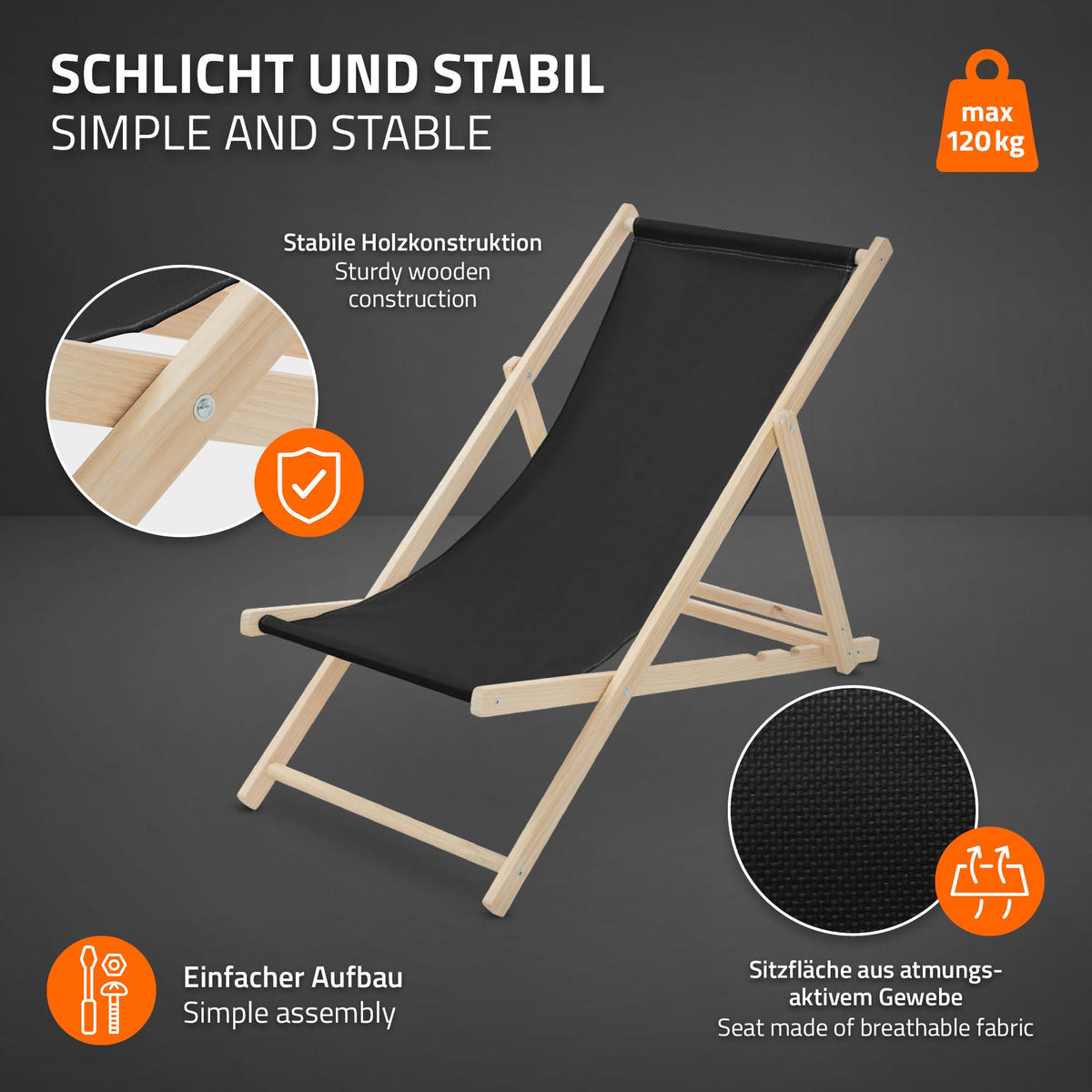 Ein einfacher Liegestuhl aus Holz mit schwarzem, atmungsaktivem Stoff.
