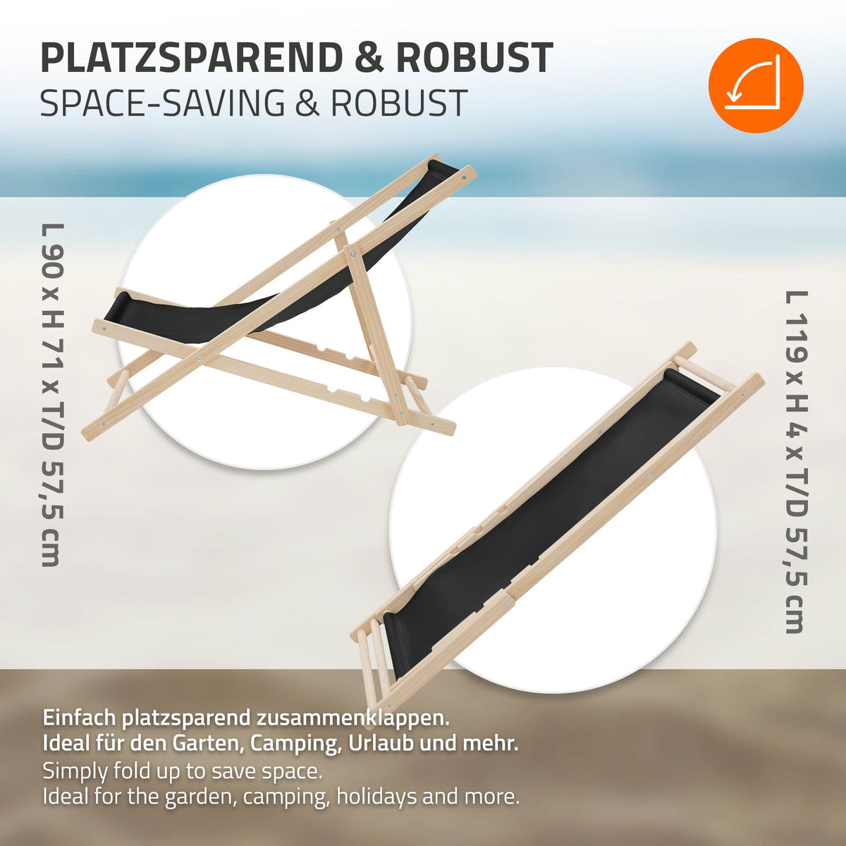 Holzliege mit schwarzem Stoff, am Strand aufgestellt.