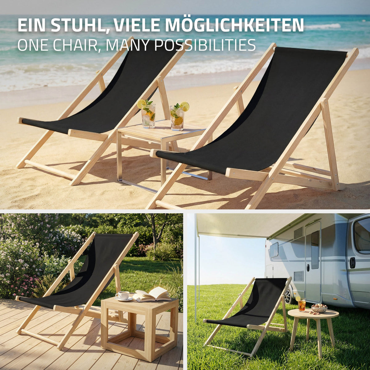 Drei schwarze Liegestühle am Strand mit Getränken auf einem Tisch.