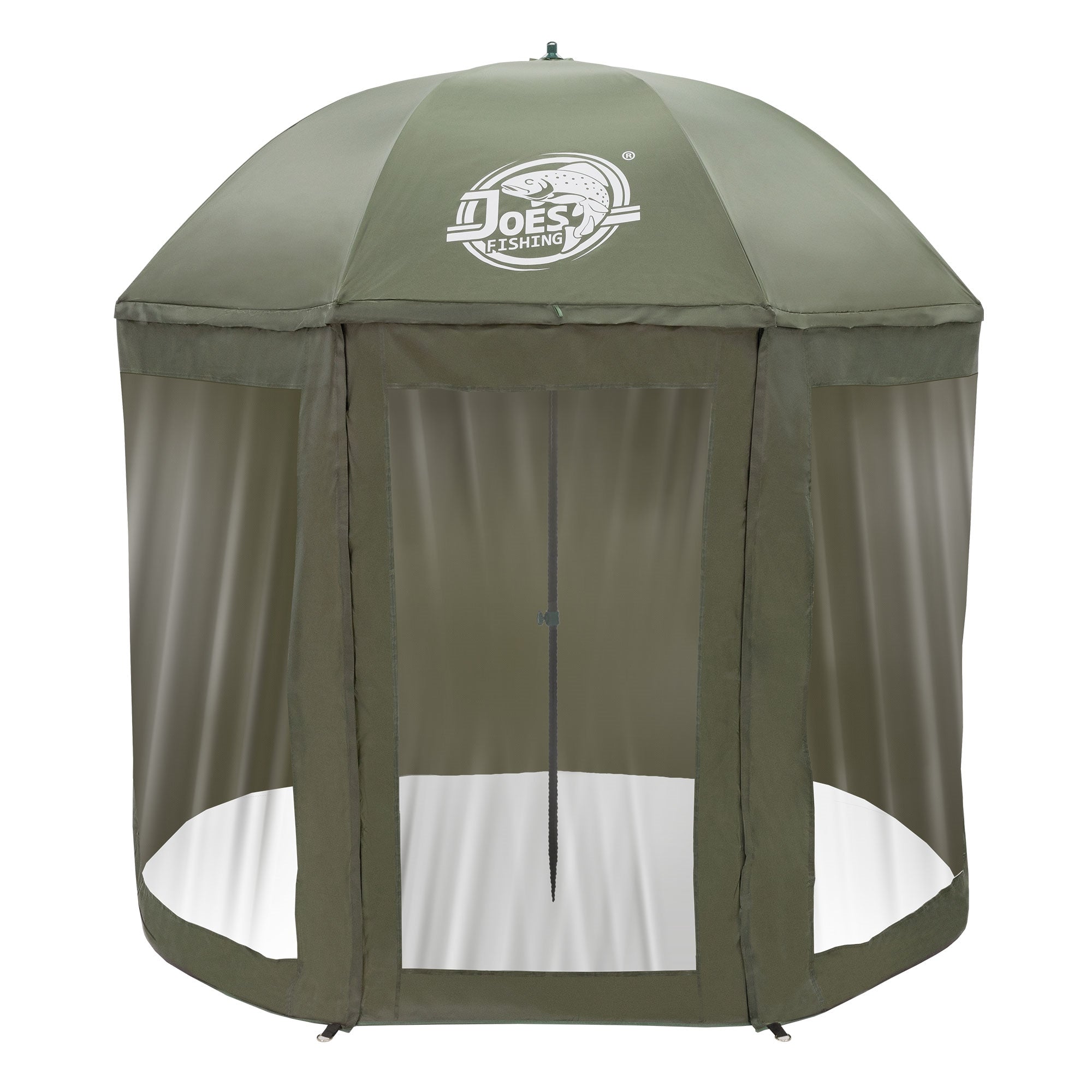 Grünes Zelt mit transparenten Seiten und Logo von Joe's Fishing.