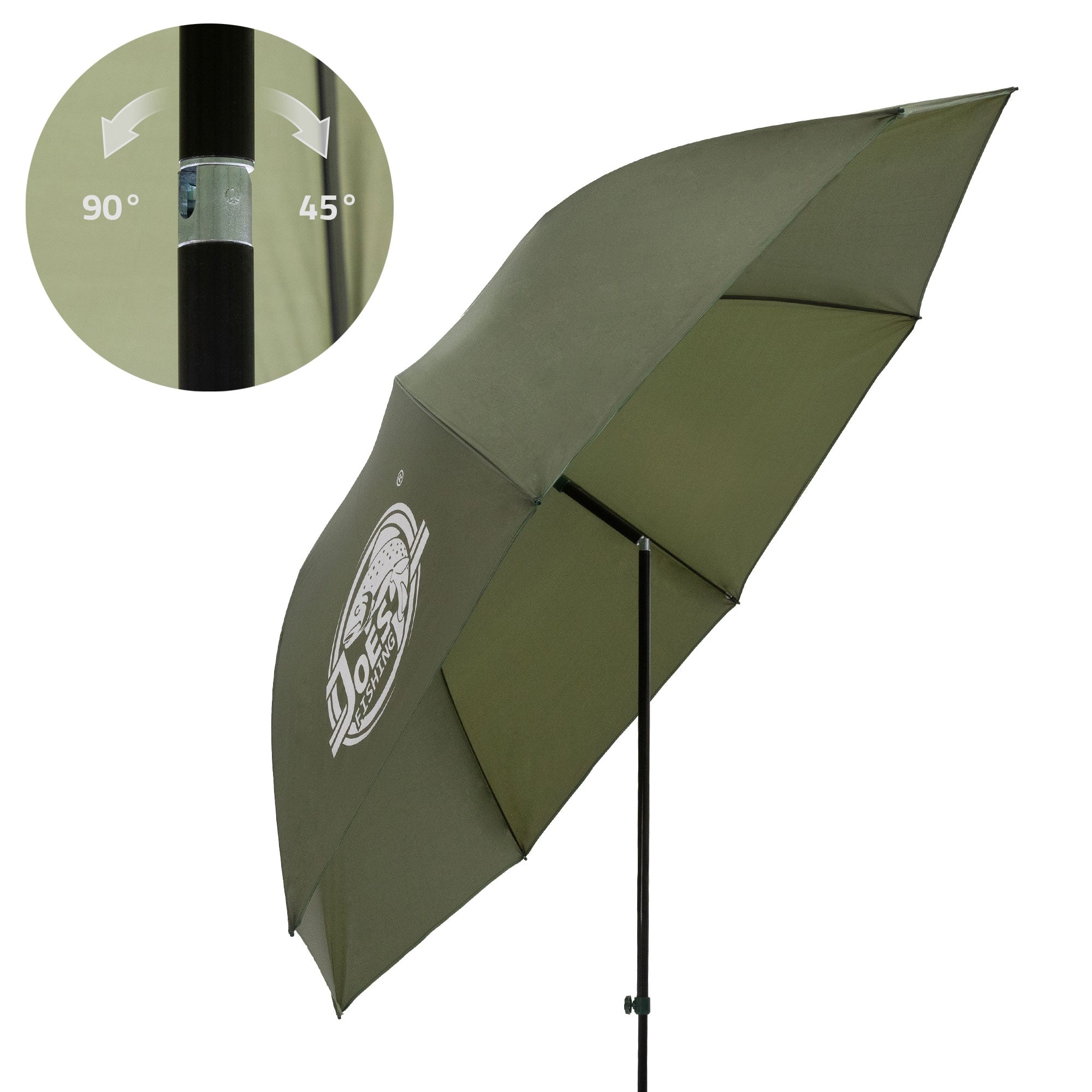 Detailansicht eines Angelregenschirms mit verstellbarem Gestänge.