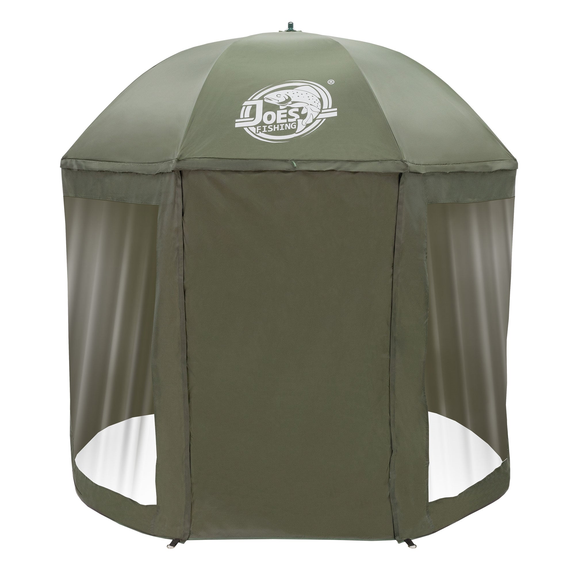 Tenda verde con un tetto rotondo e lati aperti.
