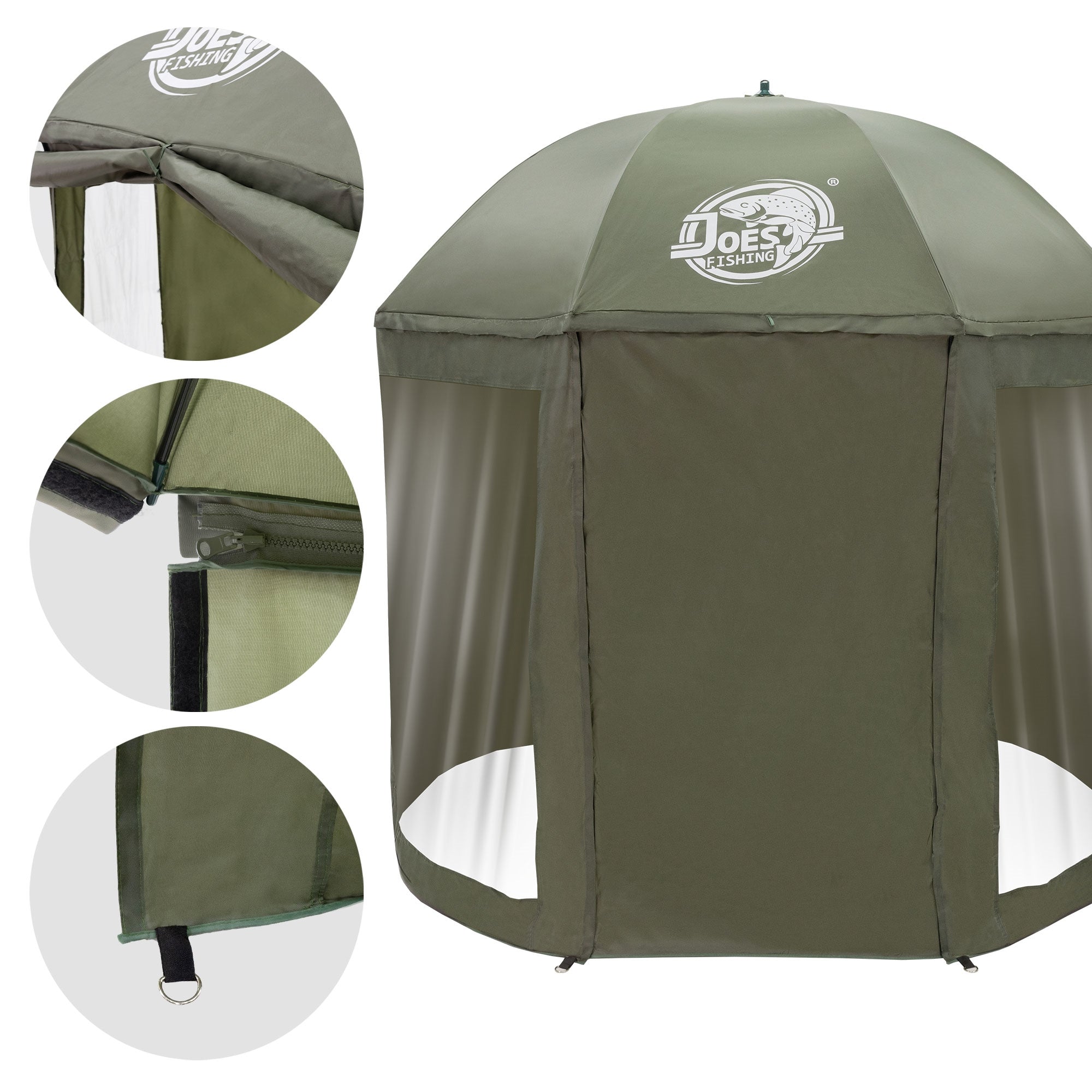 Vista dettagliata di una tenda da pesca verde con cerniera e finestra.