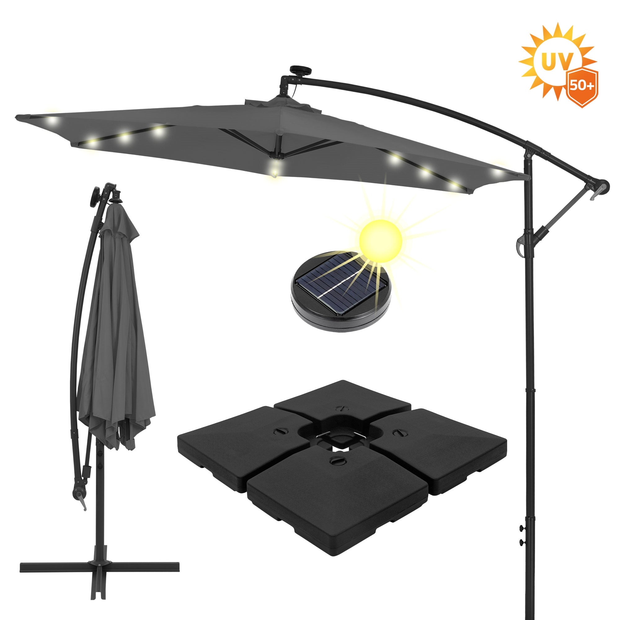 Marktschirm mit Beleuchtung und Solarpanel, Standplatten sichtbar.