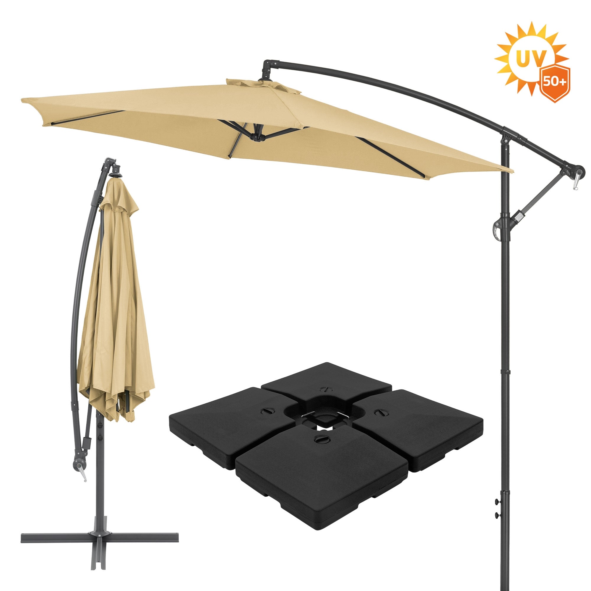 Parasol avec un tissu beige, un support et quatre poids noirs.