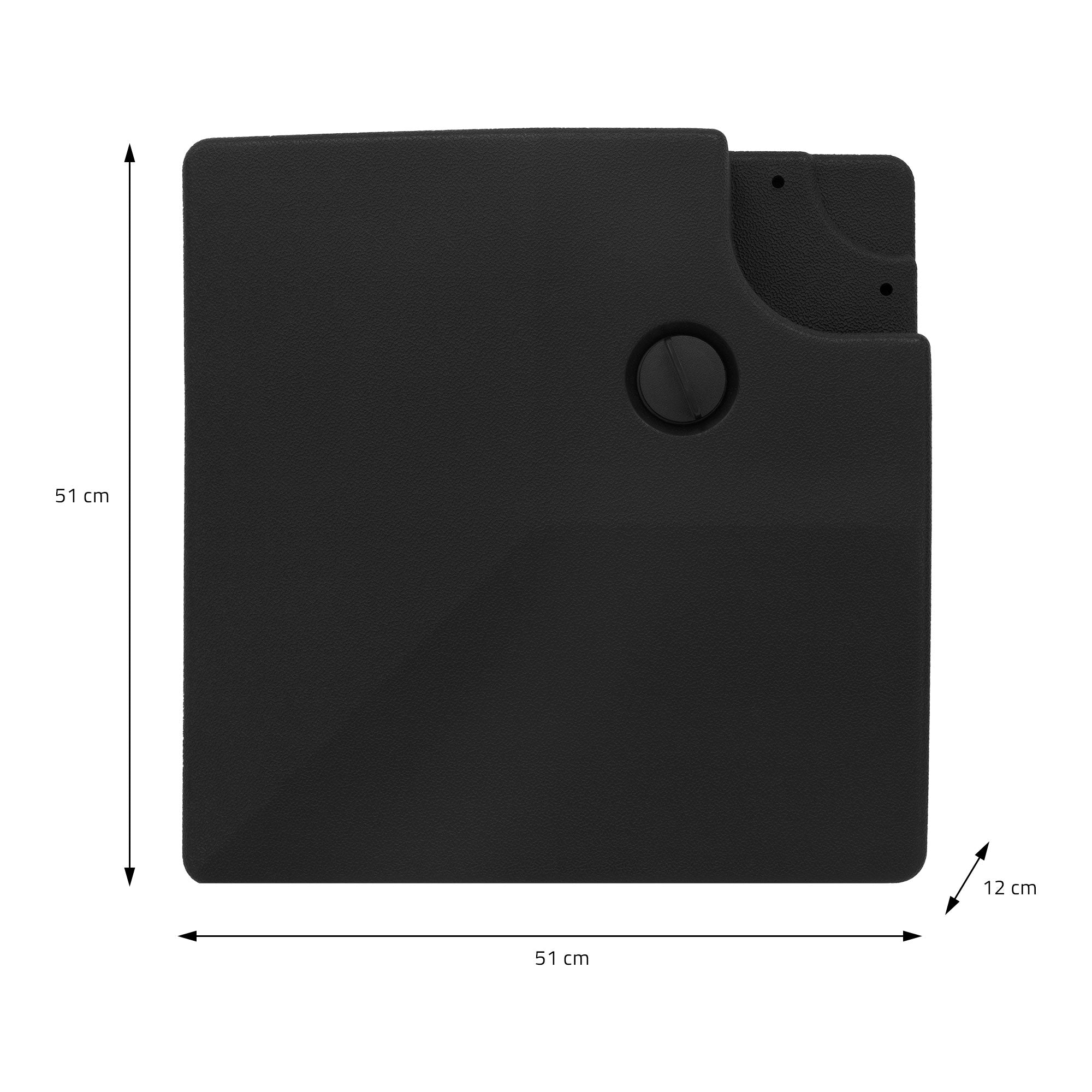 Plaque carrée noire avec un trou et des dimensions de 51 cm x 51 cm x 12 cm.