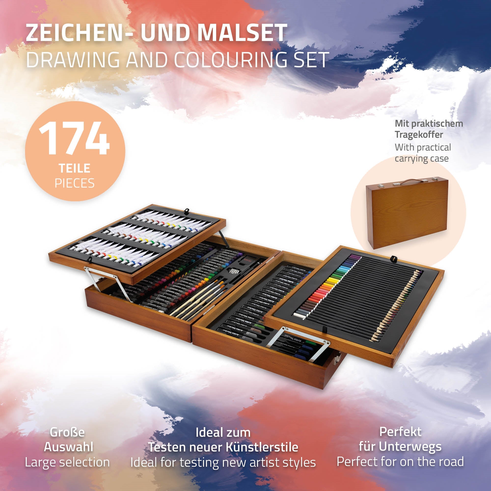Zeichenset mit 174 Teilen in einem offenen Koffer, farbige Stifte und Pinsel sichtbar.