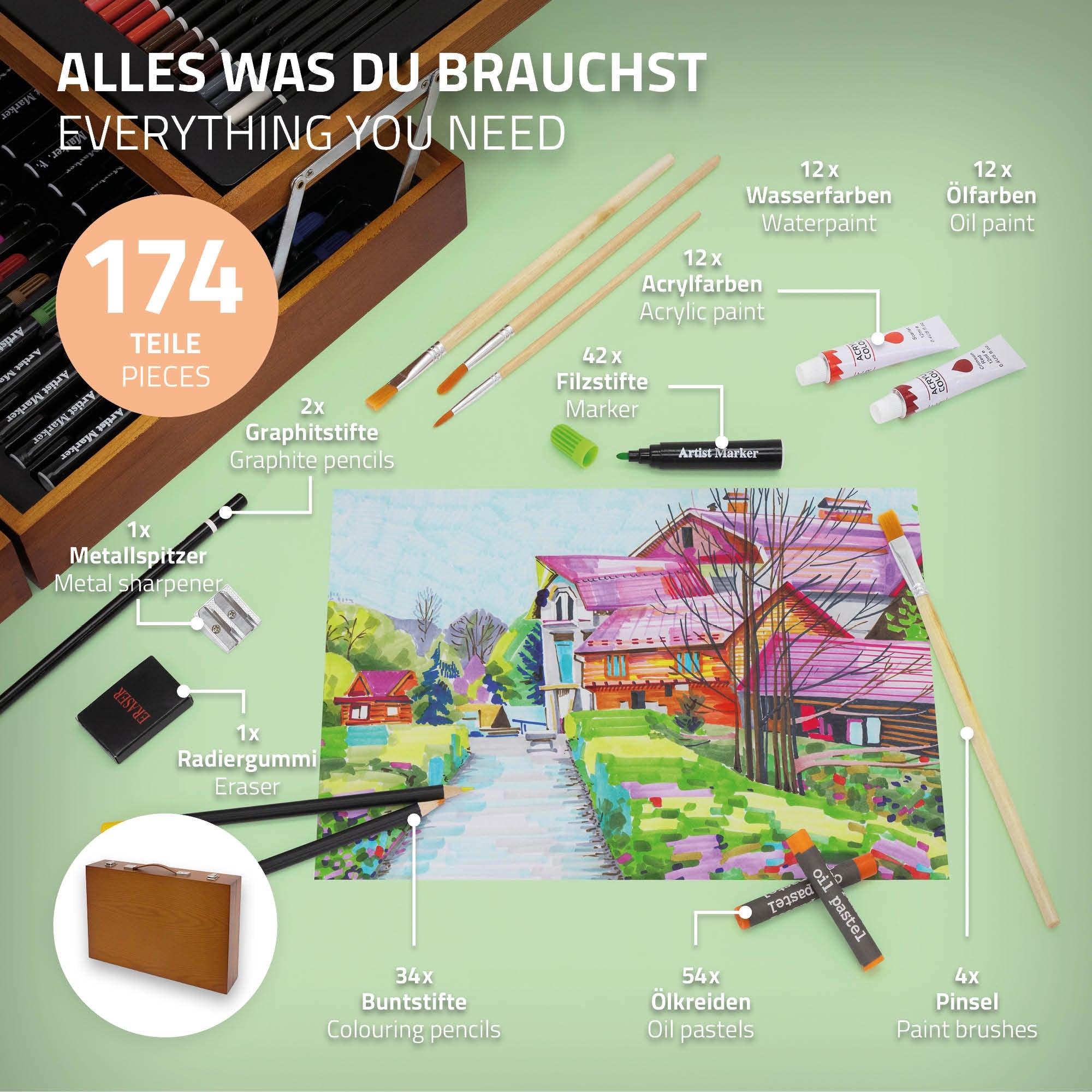 Eine Übersicht über Malutensilien in einem Kasten, inklusive Farben und Stiften.
