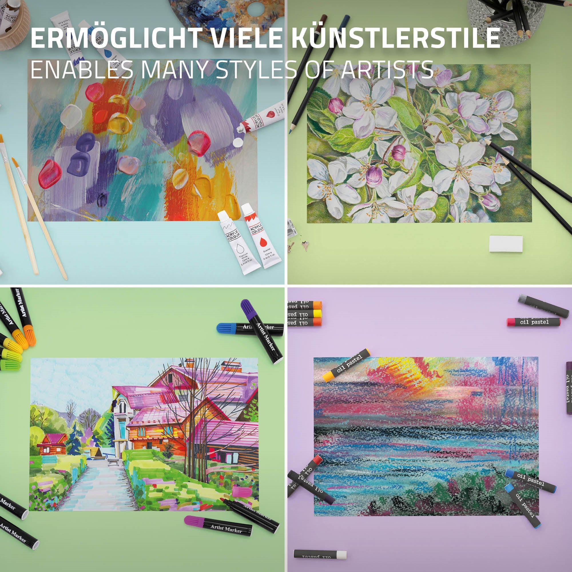 Verschiedene Kunstwerke auf buntem Hintergrund, darunter Blumen und Landschaften.
