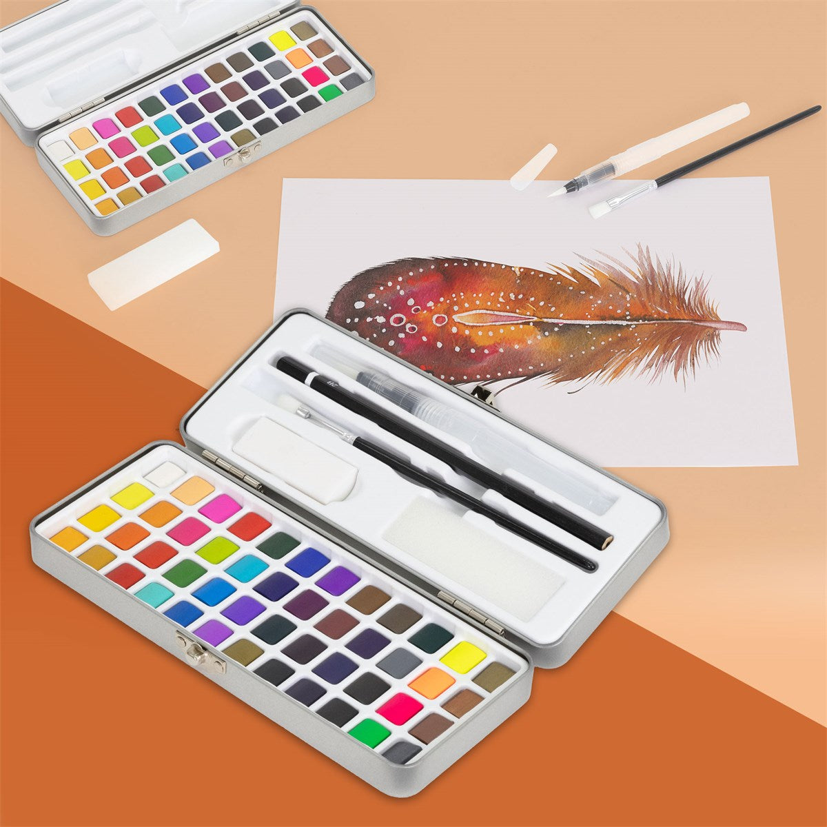 Watercolor set with paints and a brush, next to a work of art featuring a colorful bird.