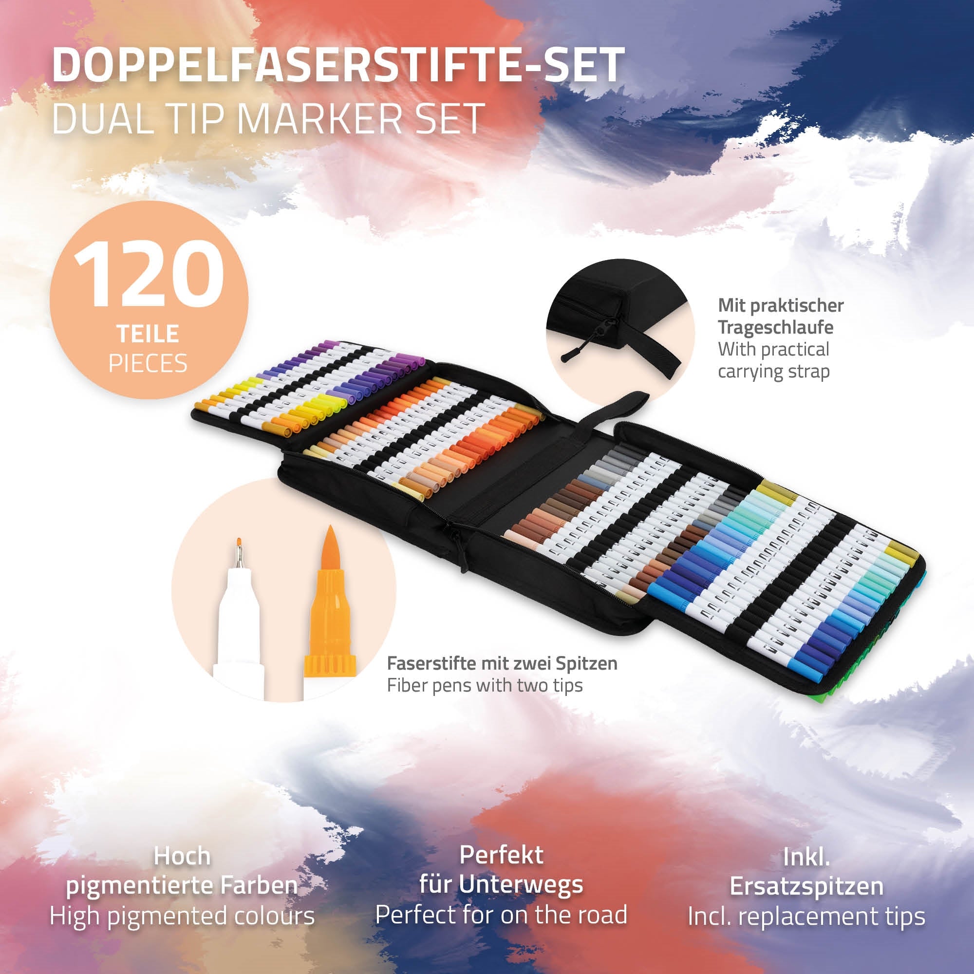 Set von Doppel-Faserstiften in verschiedenen Farben, 120 Teile, mit Trageschlaufe.