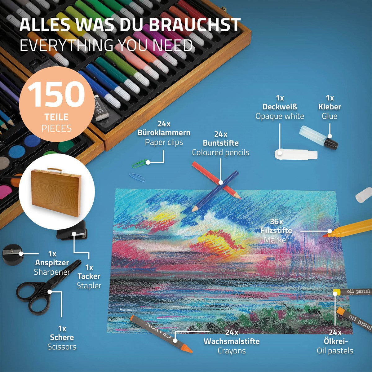 Buntstifte, Marker und andere Bastelmaterialien auf blauem Hintergrund.