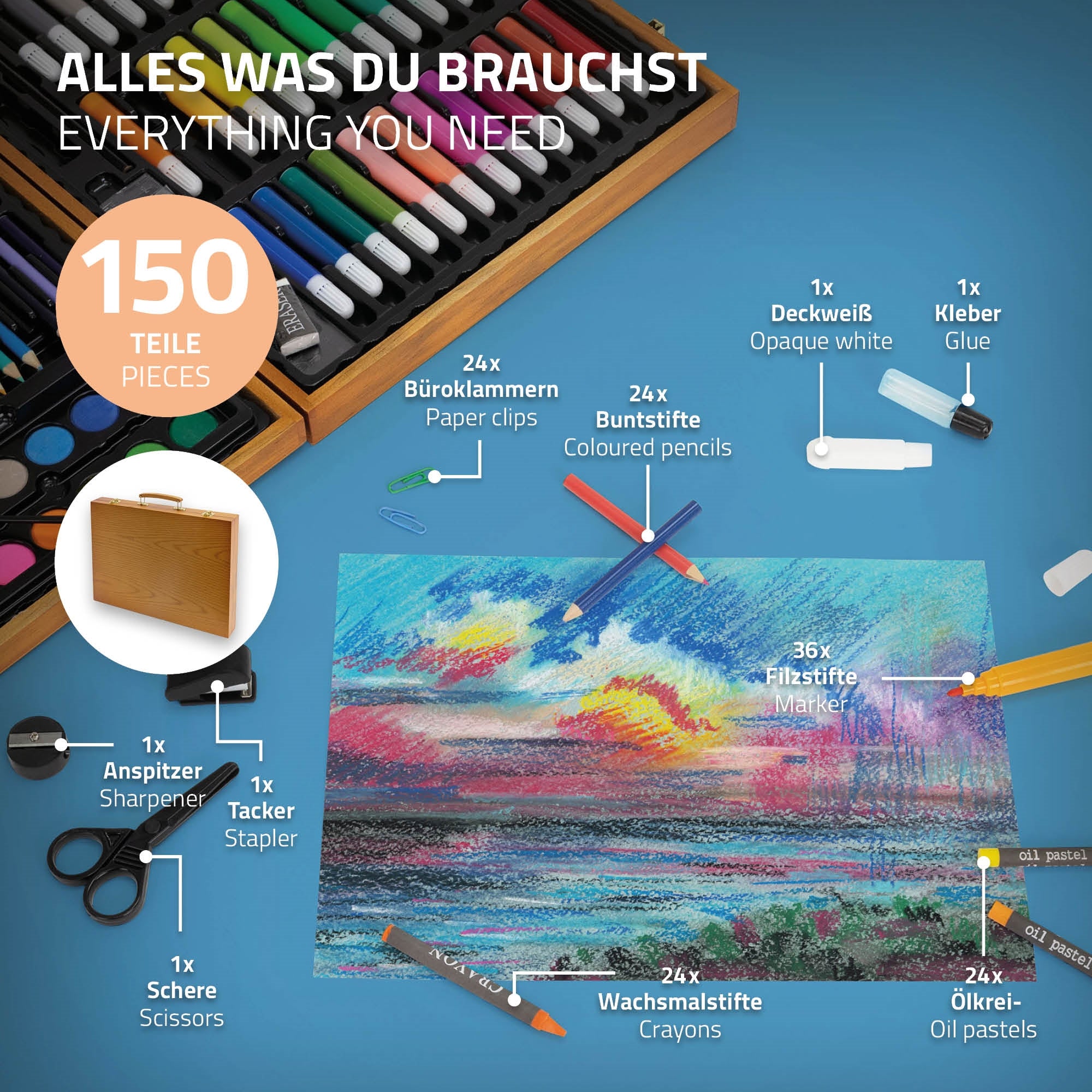Buntstifte, Marker und andere Bastelmaterialien auf blauem Hintergrund.