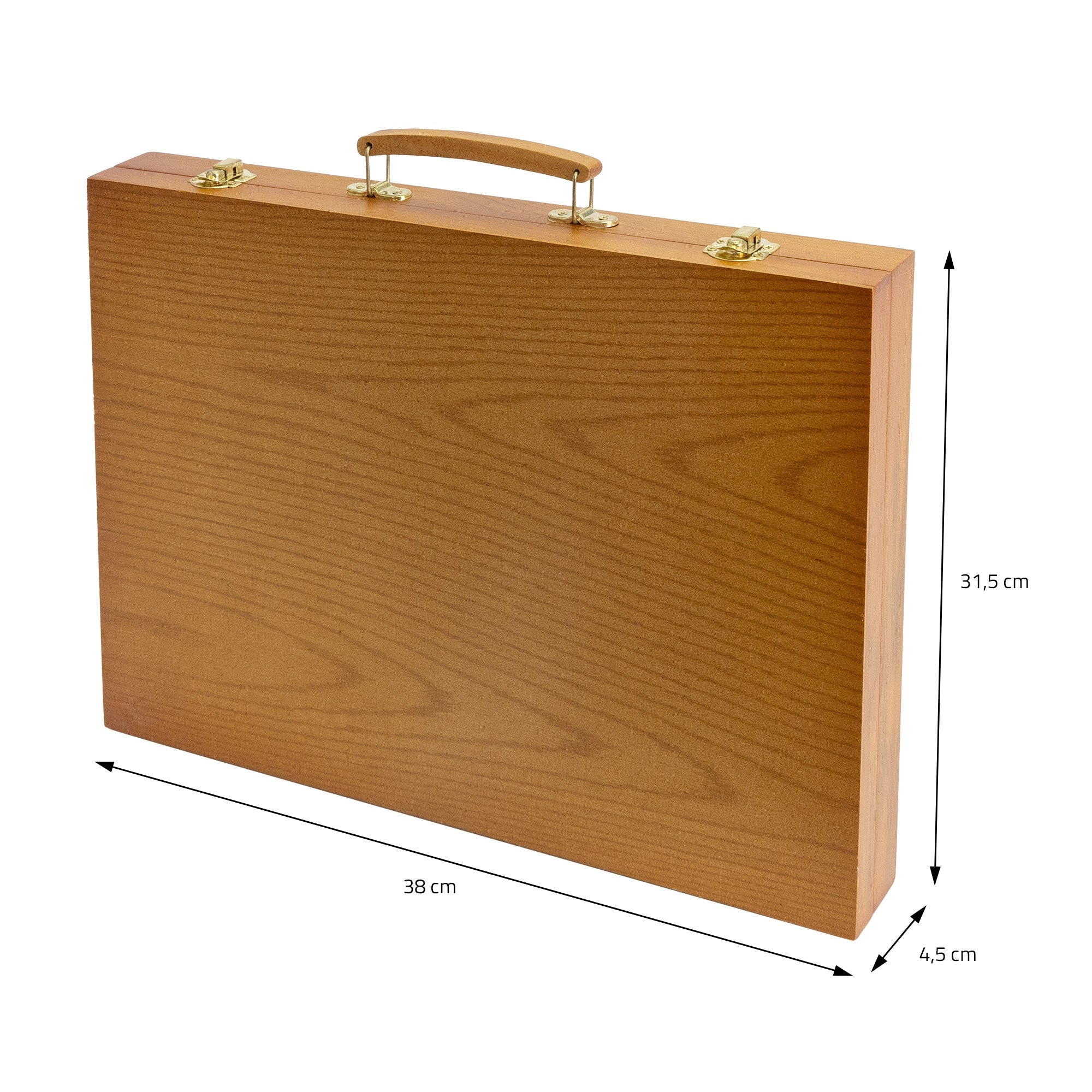 Holzkoffer mit Maßen 38 cm x 31,5 cm x 4,5 cm, mit Griff.