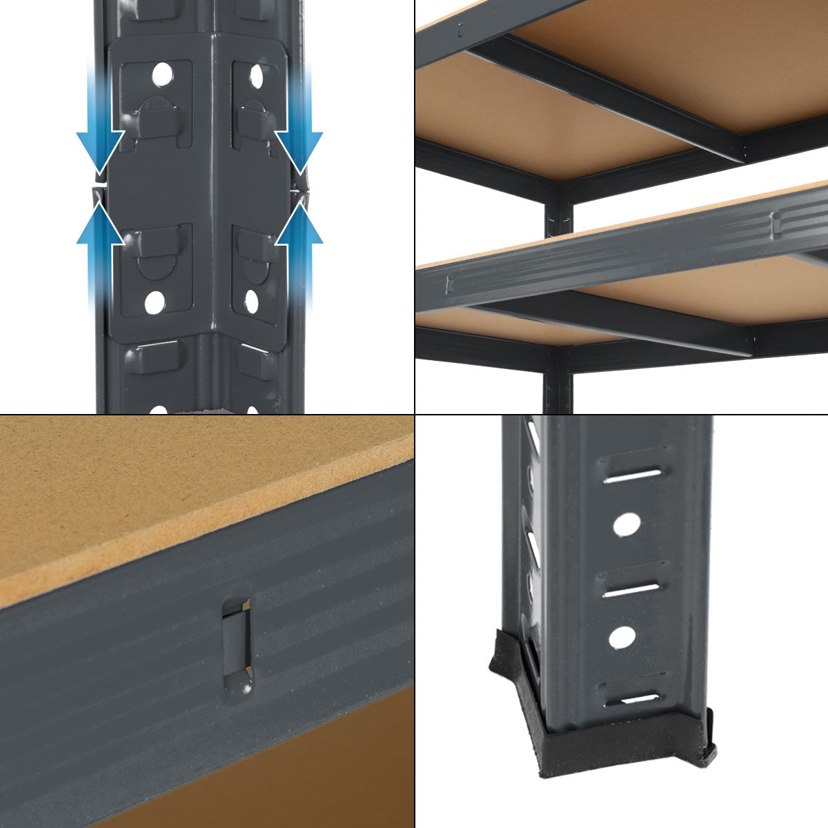 Detailansicht eines Regals mit Metallrahmen und Holzregalen.