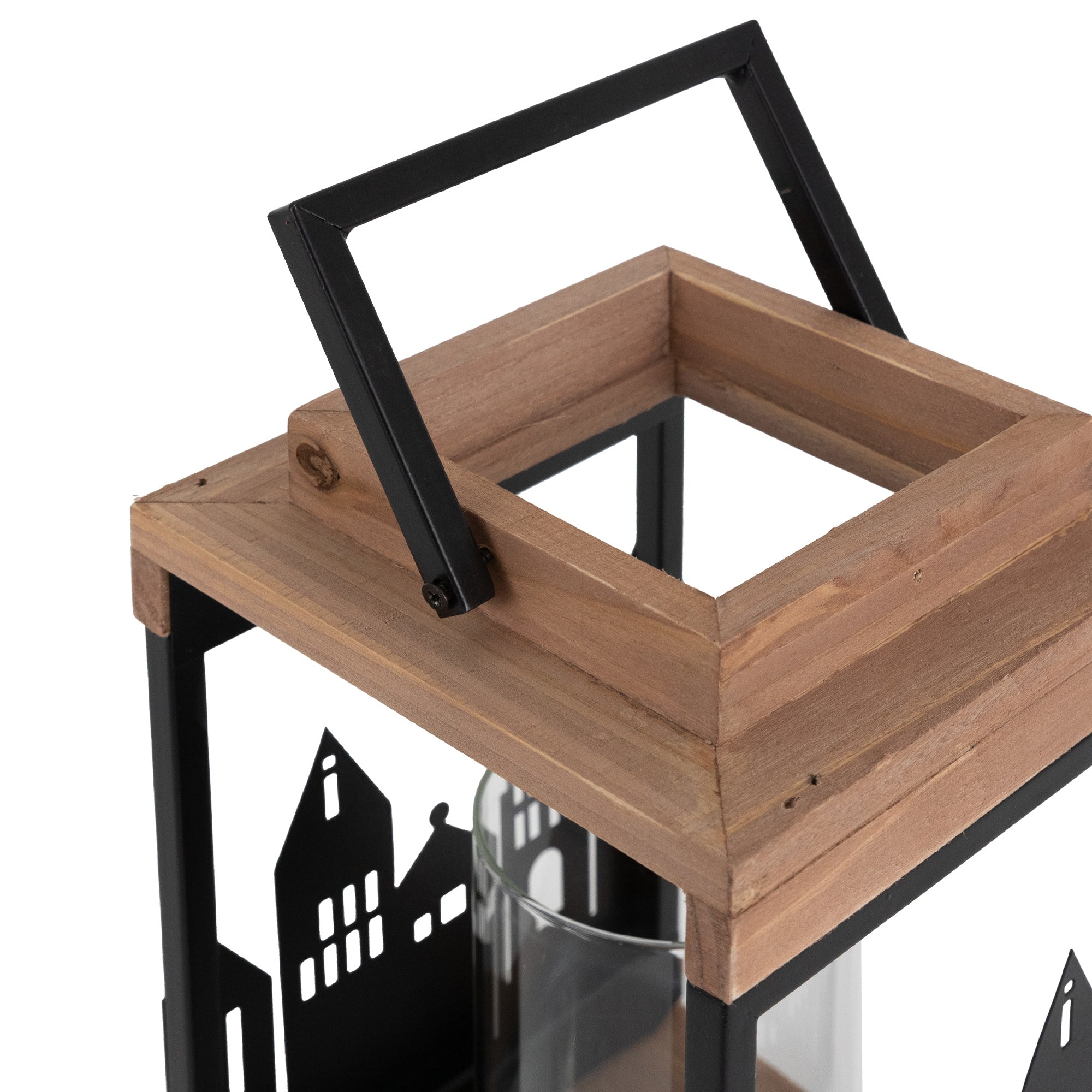 Detailansicht der Laterne mit Holzrahmen und Glasbehälter.