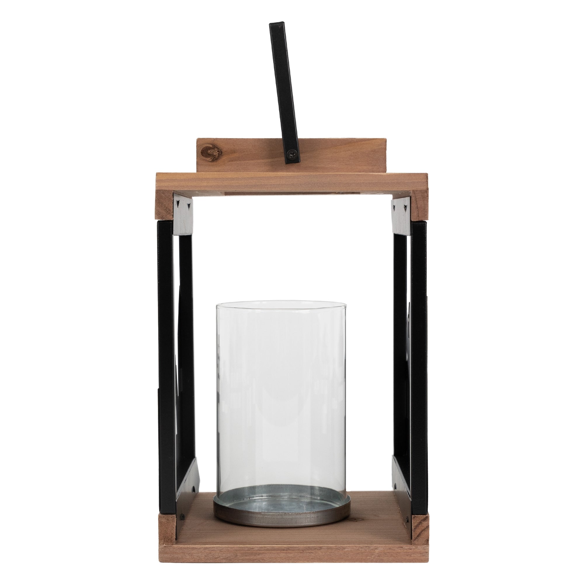 Holzlaterne mit Glaszylinder und schwarzem Griff auf einem Holzuntergrund.