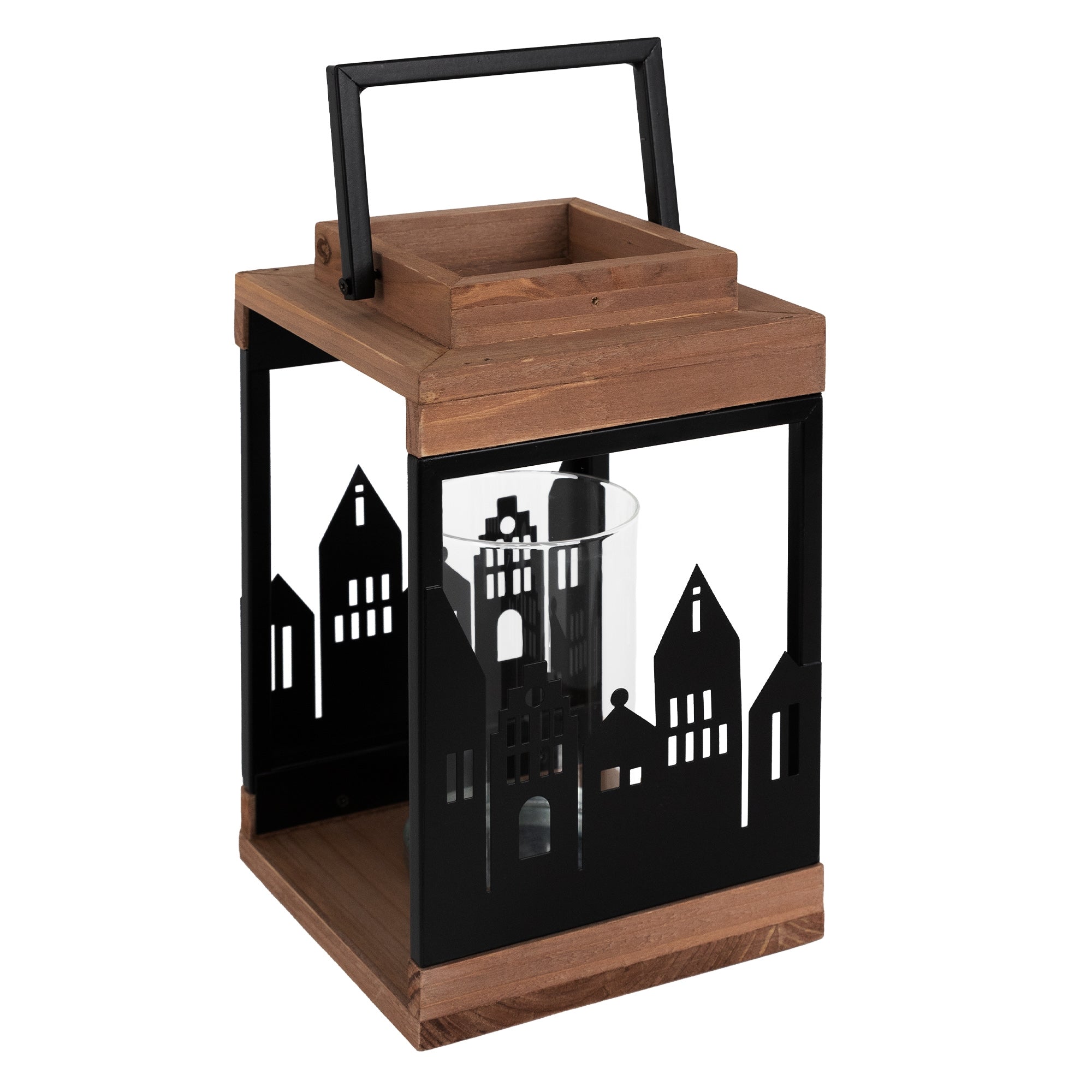 Holzlaterne mit schwarzem Metallgitter, zeigt Silhouetten von Gebäuden.