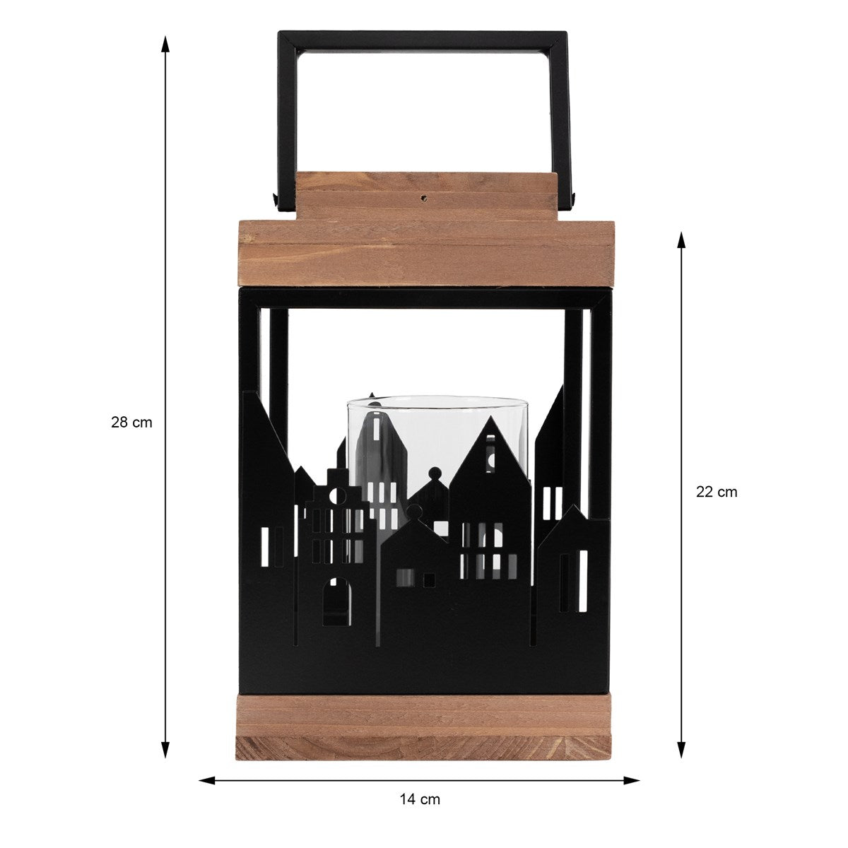 Laterne aus Holz und Metall mit einem Glasbehälter und Stadtmotiven.