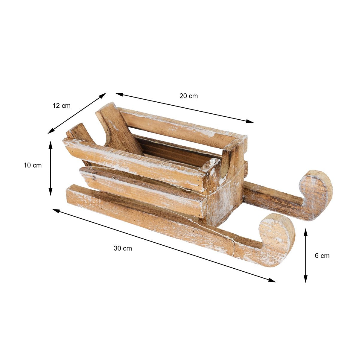 Ein Holzschlitten mit Maßen: 30 cm lang, 20 cm breit, 12 cm hoch.