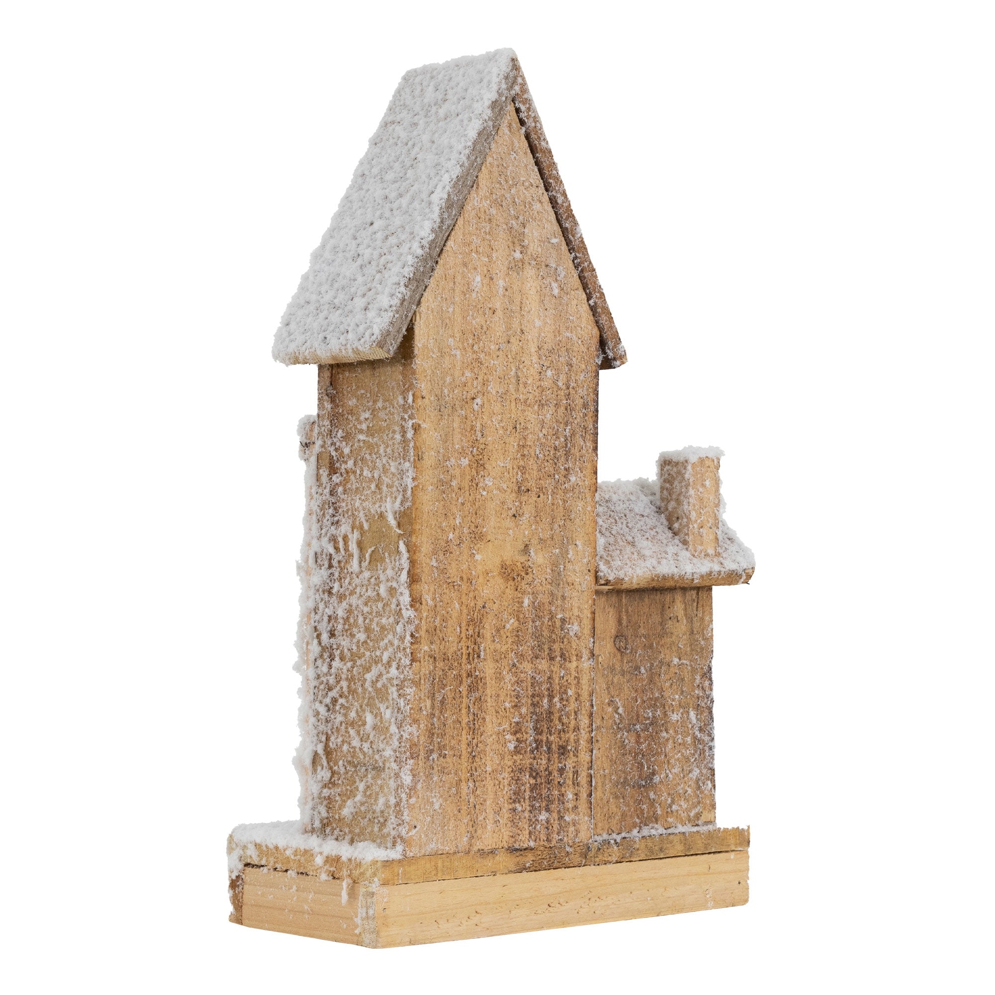 Seitenansicht des Holzhauses mit Schnee, ohne weitere Dekoration.