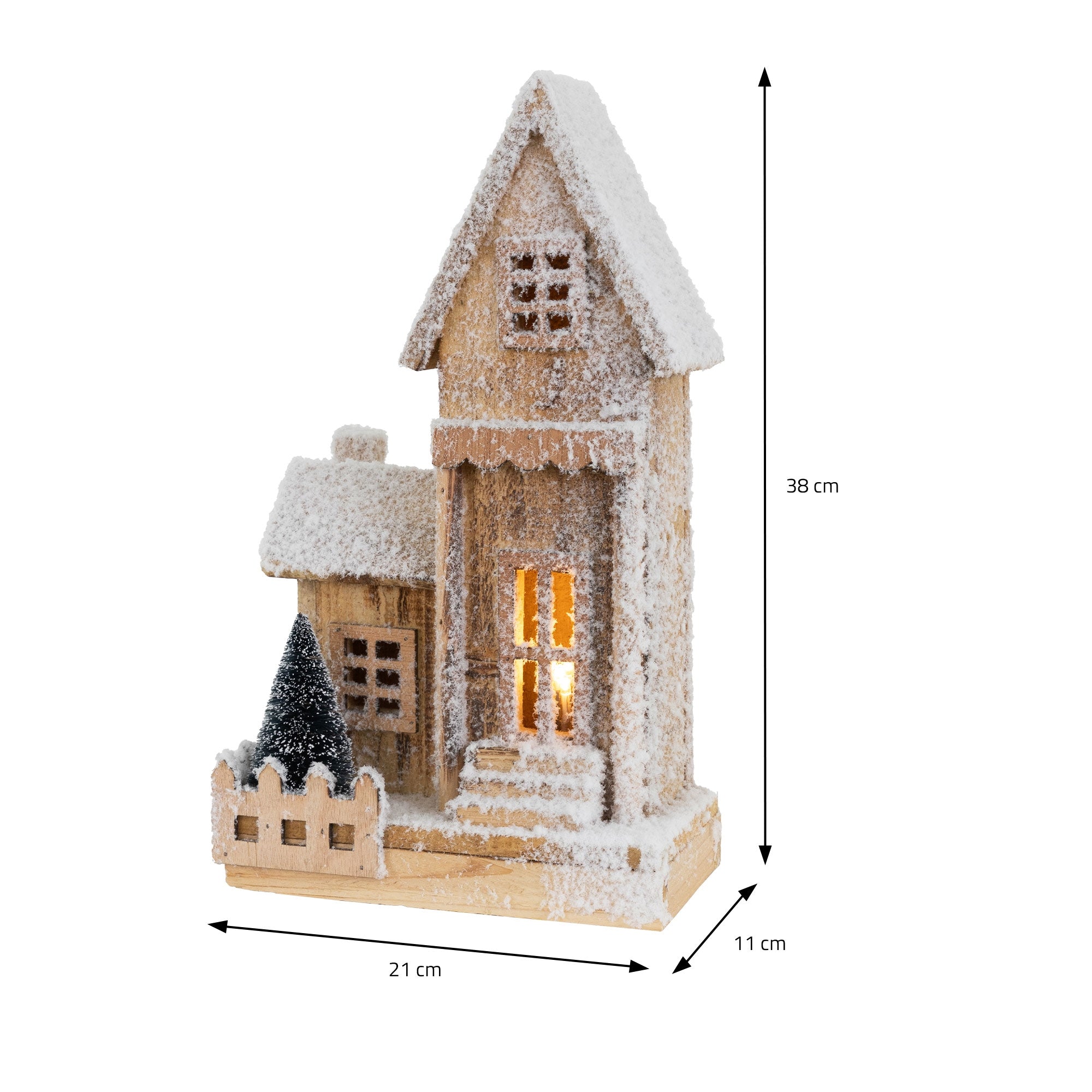 Maßzeichnung eines Holzhauses mit Schnee und Weihnachtsbaum.