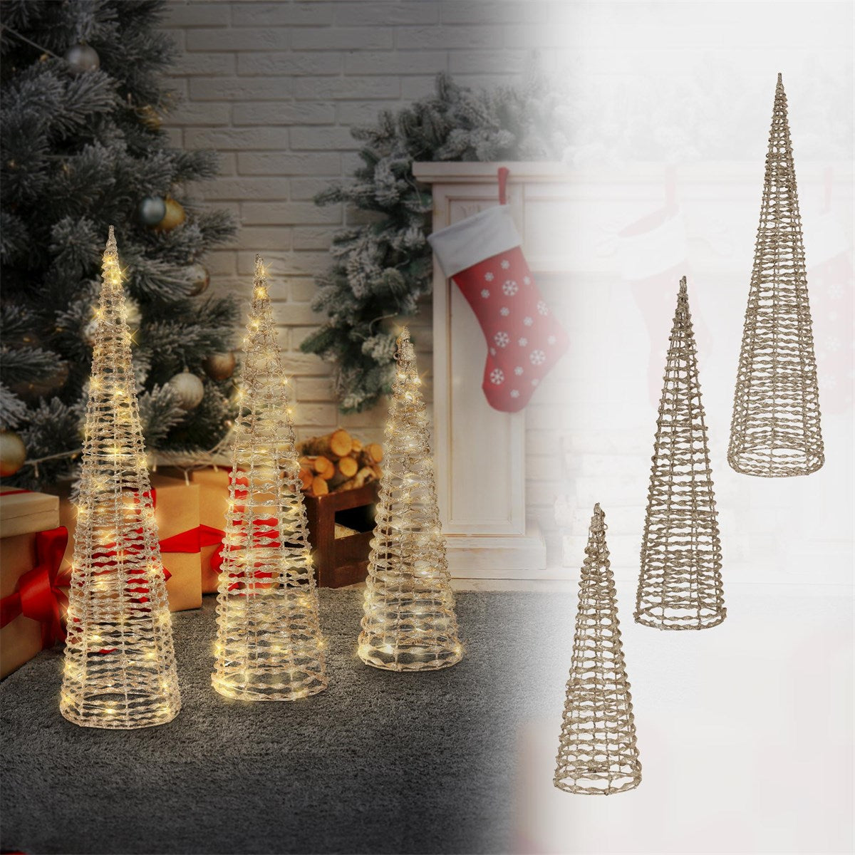 Vier beleuchtete Drahtbäume vor einem Kamin mit Weihnachtsstrumpf.