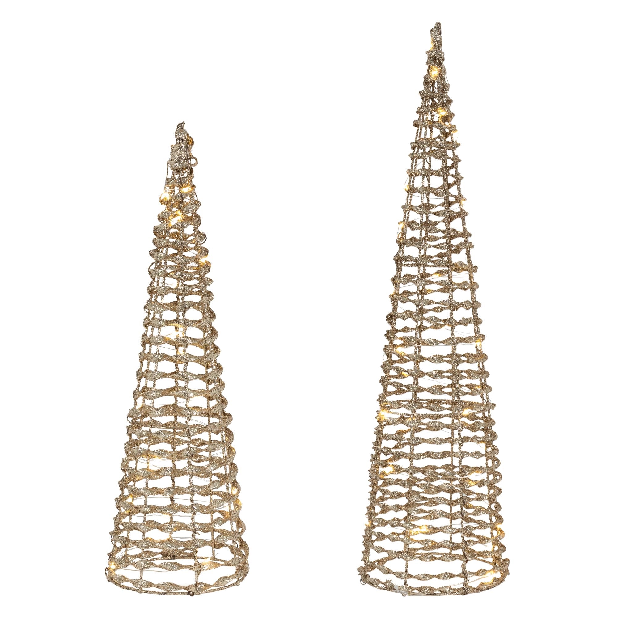 Deux objets décoratifs coniques avec des lumières dans une pièce lumineuse.